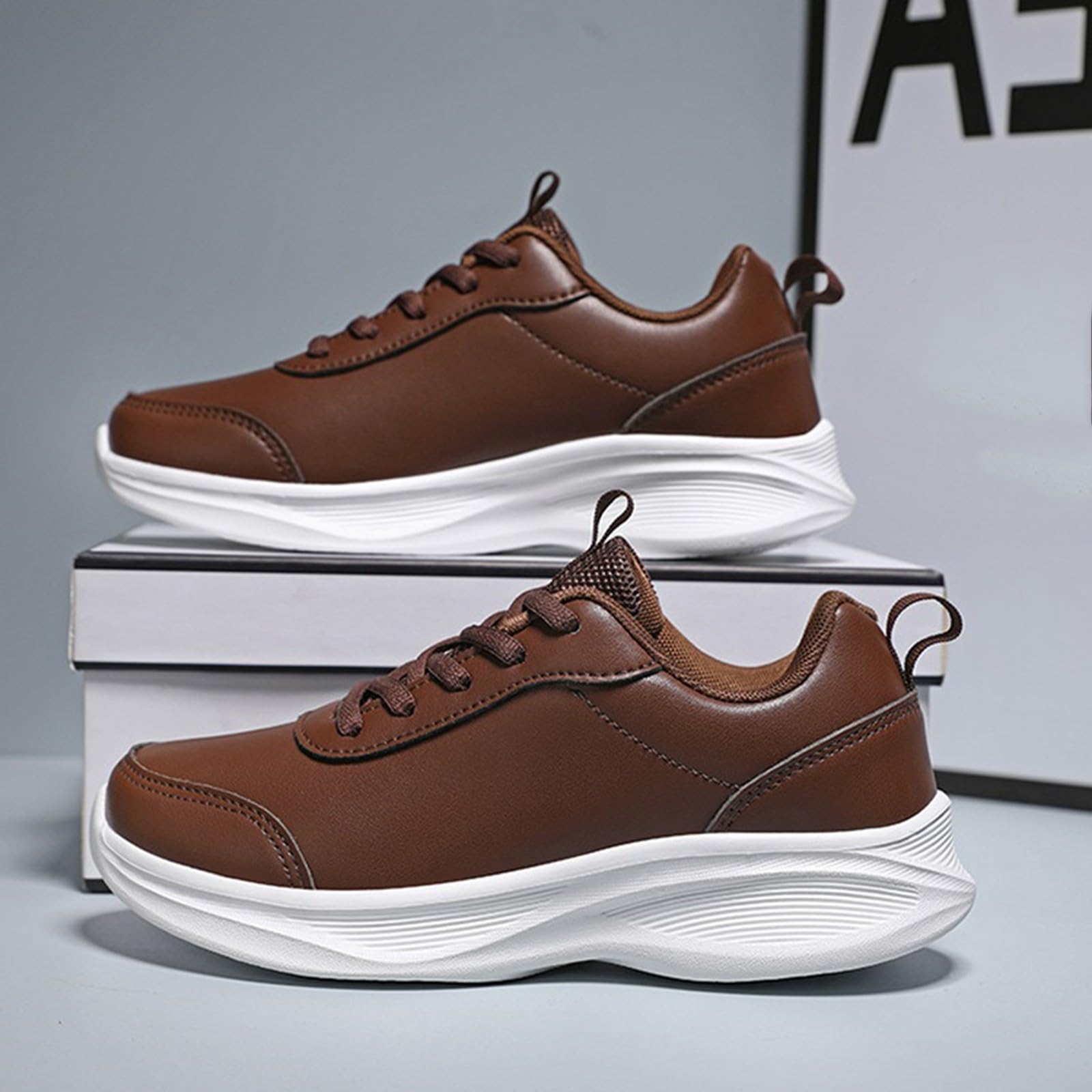 Baskets pour femme - Noir - Avec semelle blanche - Légères - En cuir - Antidérapantes - Respirantes - Chaussures de tennis épaisses - Avec lanières - Chaussures de fitness - Chaussures de marche