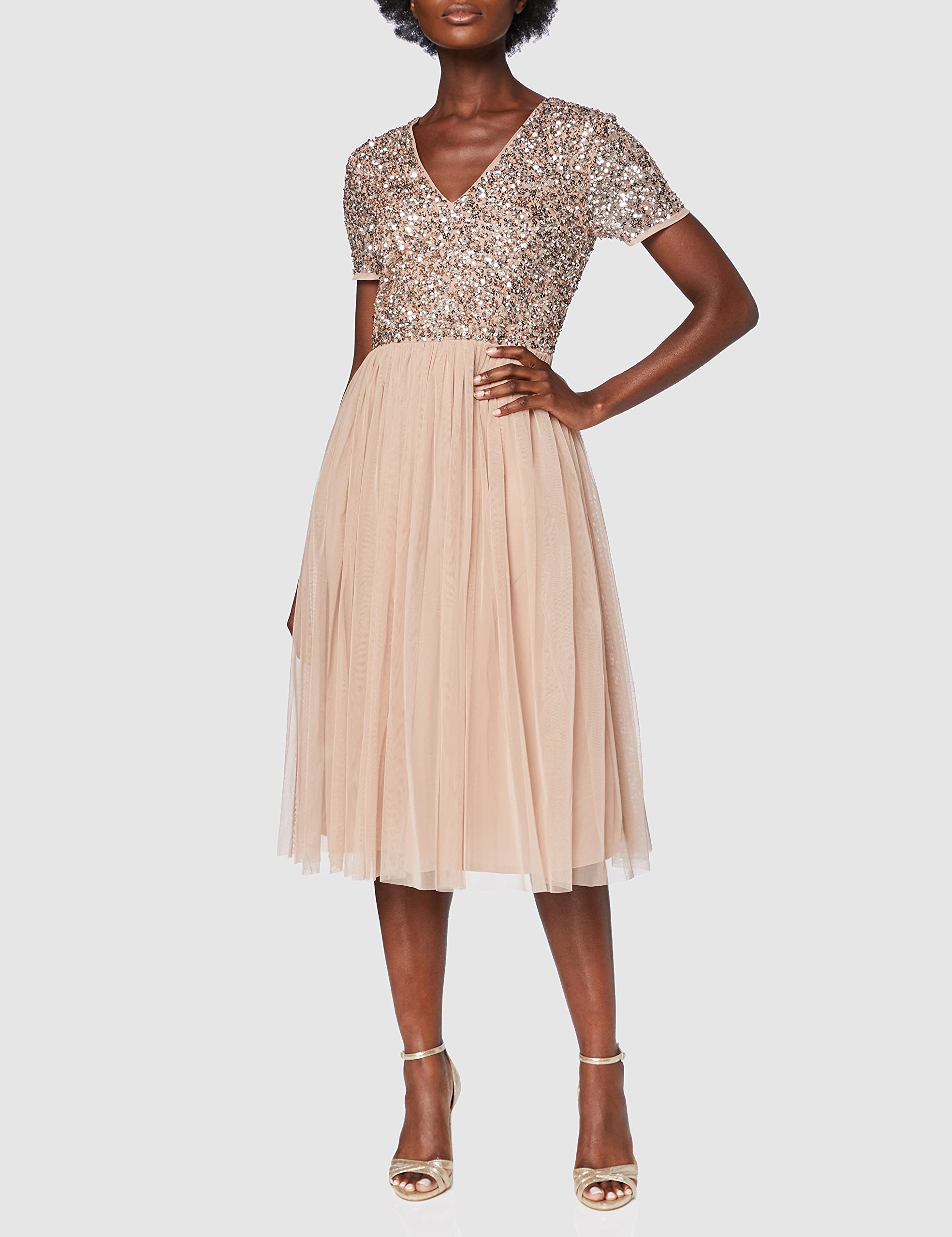 Maya Deluxe Vestido de Noche Midi Adornado para Mujer, Cuello en V con Manga Corta para graduación, Boda Dama de Honor, Rubor Taupe, 38
