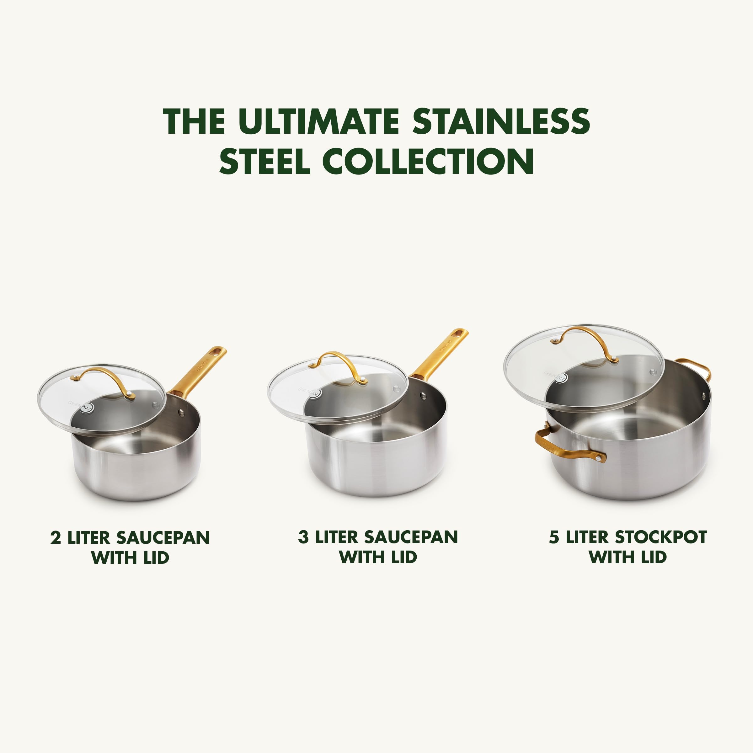 GreenPan Padova - Juego de 6 utensilios de cocina de acero inoxidable con tapa de cristal, ollas y olla sopera, 3 capas, apta para inducción, mango dorado de acero inoxidable, apto para horno hasta