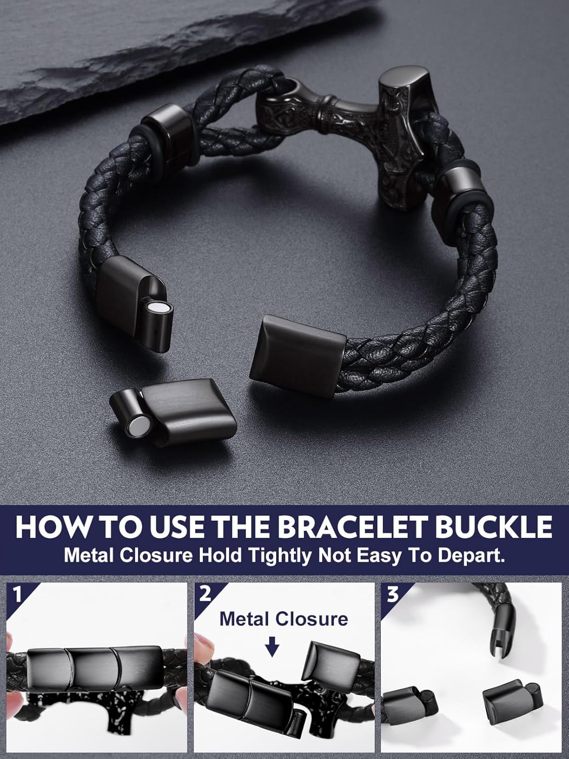 Bandmax Mens Cuff Bracelets Black Braided Wax Rope Wristband Punk Style Masonic/Viking Hammer Bracelet 7 Inch-9 Inch Gift for Husband Father Son - Image 8