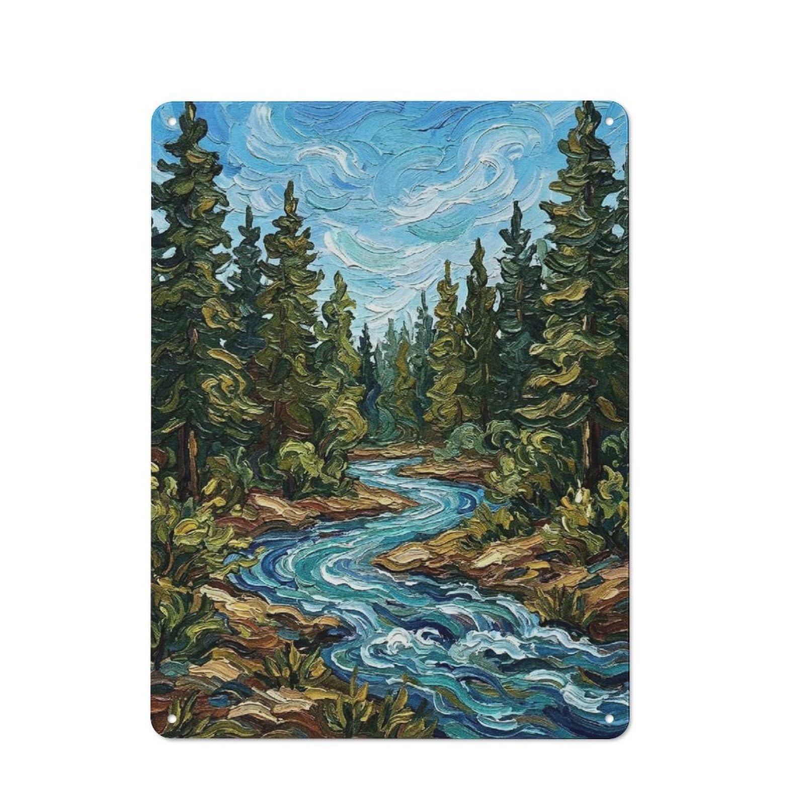 Junmoney Style-22 Classic Impressionist River Through Pine Forest Metal Wall Art Sign 40X30cm, Vintage Wall Decor For Lounge, Study, Pub Or Wall Gallery