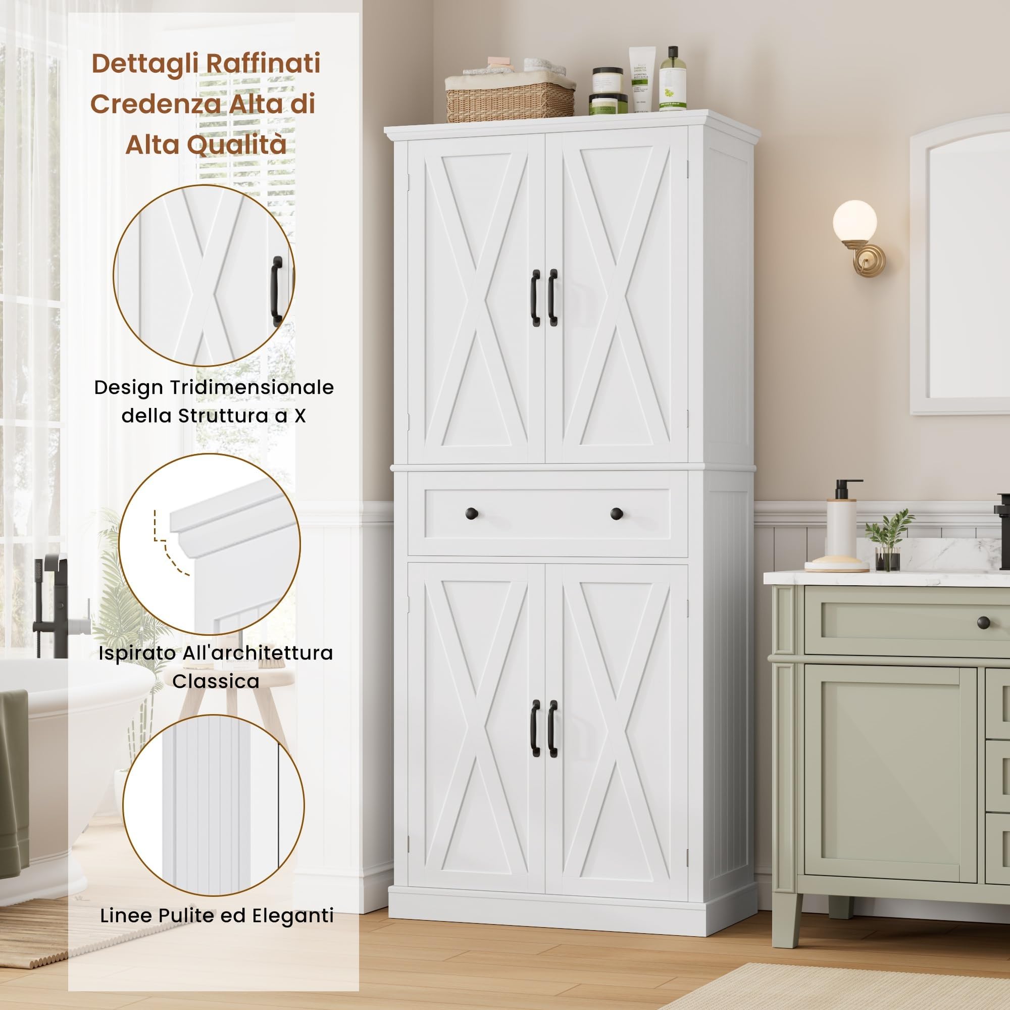 FirFurd Credenza Cucina Alta,Dispensa Cucina con 4 Ante e 1 Cassetti Bianco | Mobile Cucina Dispensa,Antiribaltamento Incluso,Design salvaspazio,Ingombro Ridotto,per Cucina, Soggiorno,78x40x181.5cm