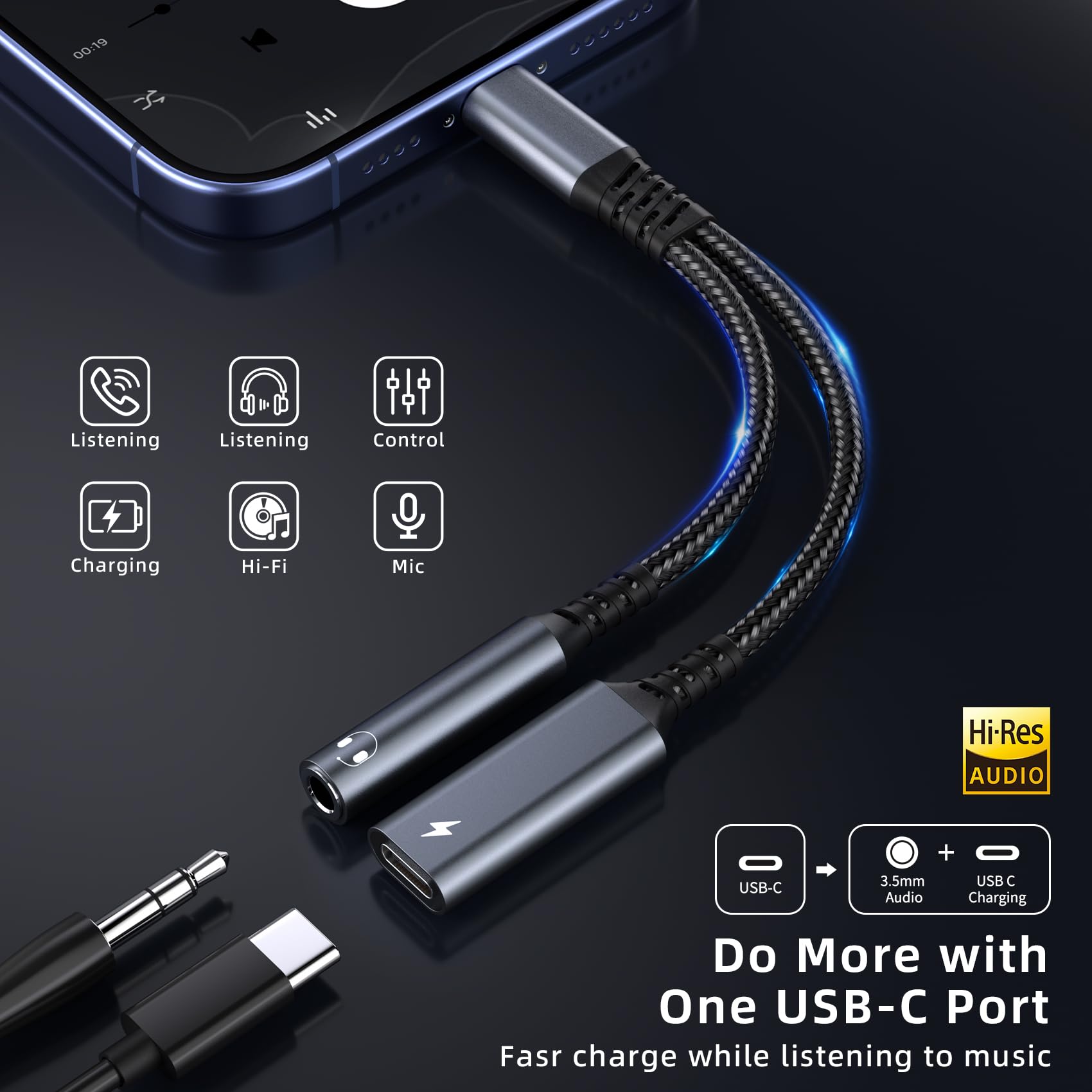 Adattatore USB C a Jack 3.5mm 2 in 1 con Ricarica Rapida PD 60W per iPhone 16/15 Pro Max Samsung S24 Ultra