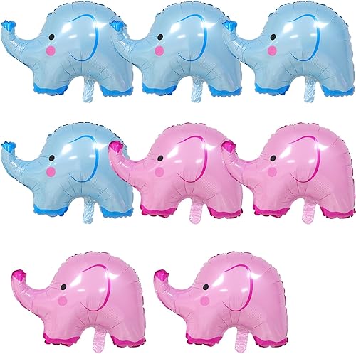 Paquete de 8 globos de elefante, globos de aluminio con forma de elefante azul y rosa para suministros de baby shower, suministros de fiesta de