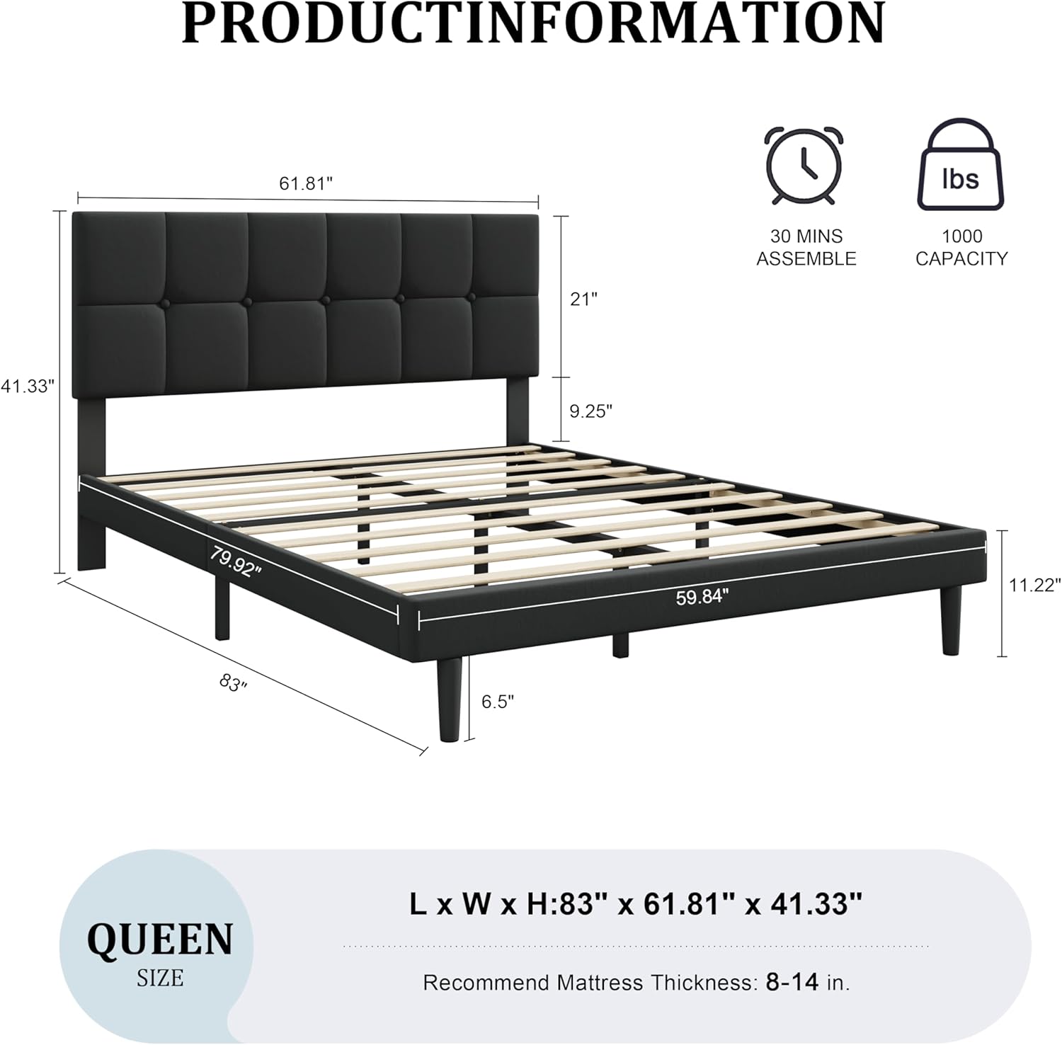 Queen Size Platform Bed Frame with Upholstered Headboard, Sturdy Wooden Slats, Noiseless No Box Spring Required, Easy to Assemble,Black