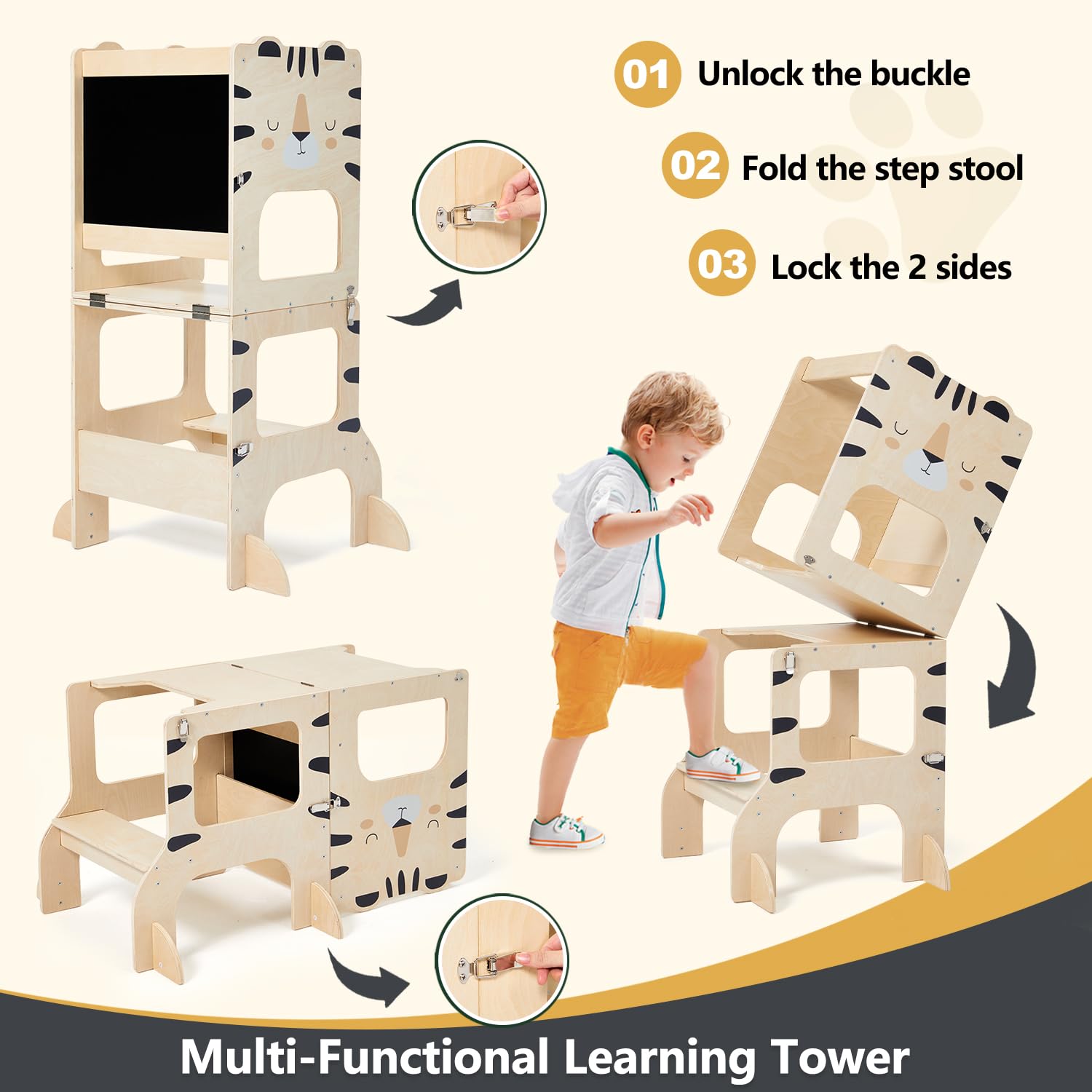 labebe lernturm für Kinder, klappbar Montessori Learning Tower, 3 in 1 lernstuhl Kinder mit Message Boards ab 1 Jahr-Tiger