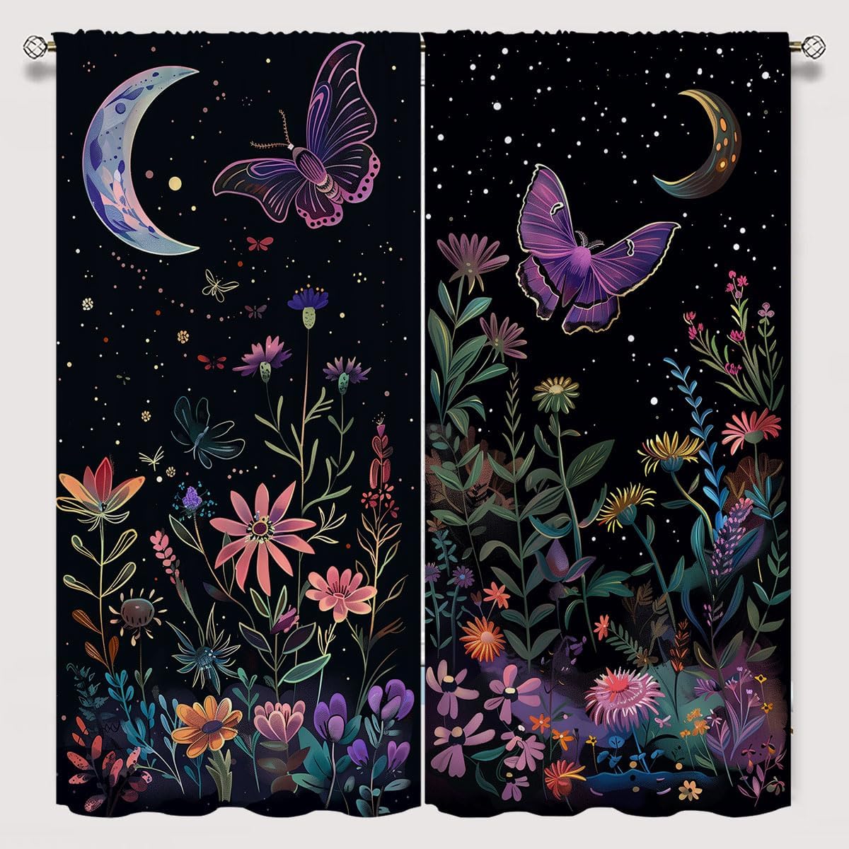 Moth Butterfly Window Curtains for Kid Girls Boys Bedroom, Mushroom Moon Phase Boho Flowers Rod Pocket Darkening Thermal Insulated Window Drapes for Bedroom Living Room, W42xL63 Inch Decor
