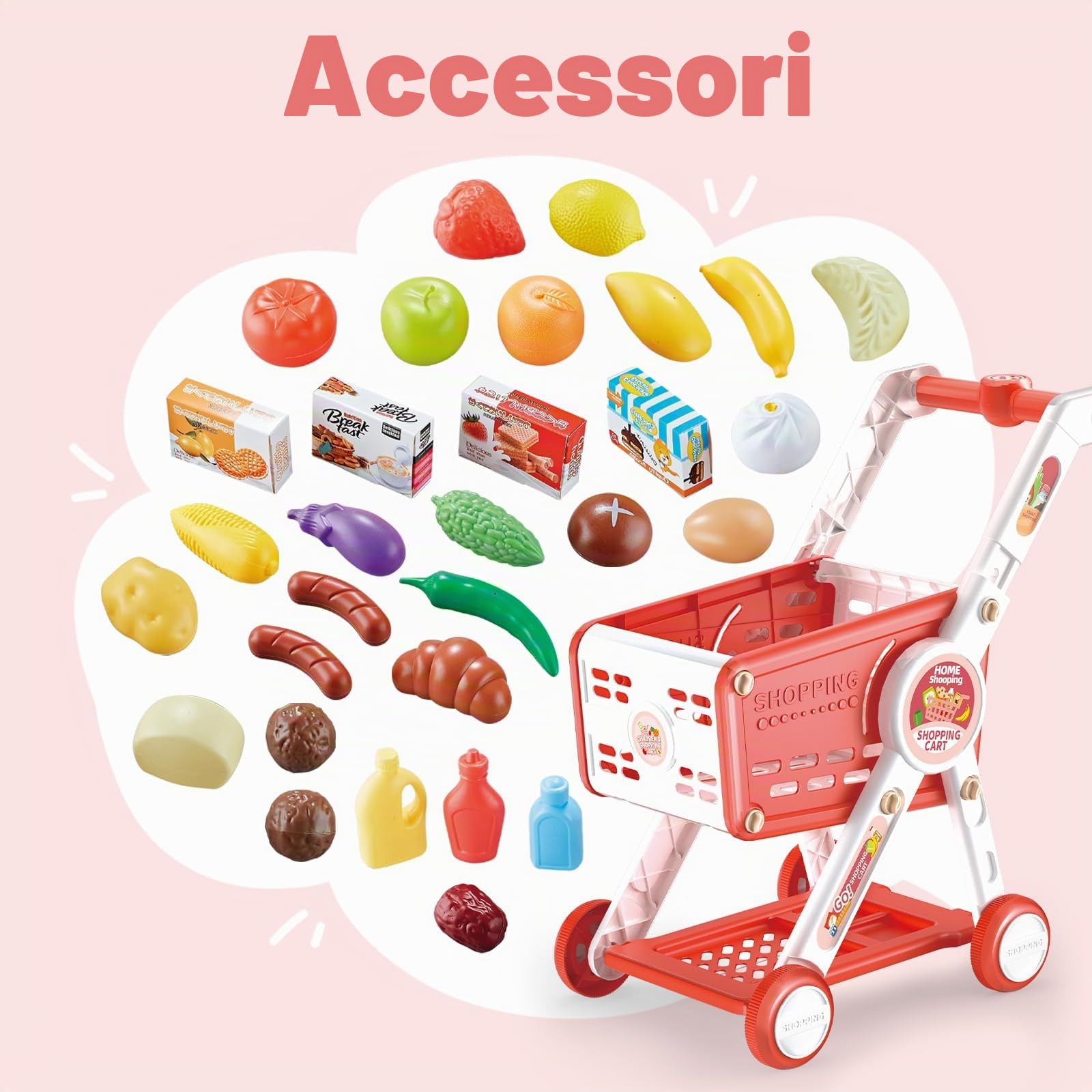 Carrello Spesa Giocattolo Bambini, 31PCS Supermercato Carrello Spesa con Accessori Alimenti Frutta Verdura , Gioco di Ruolo Cestino della Spesa Giochi del Negozio per Ragazzi Ragazze (Rosso)