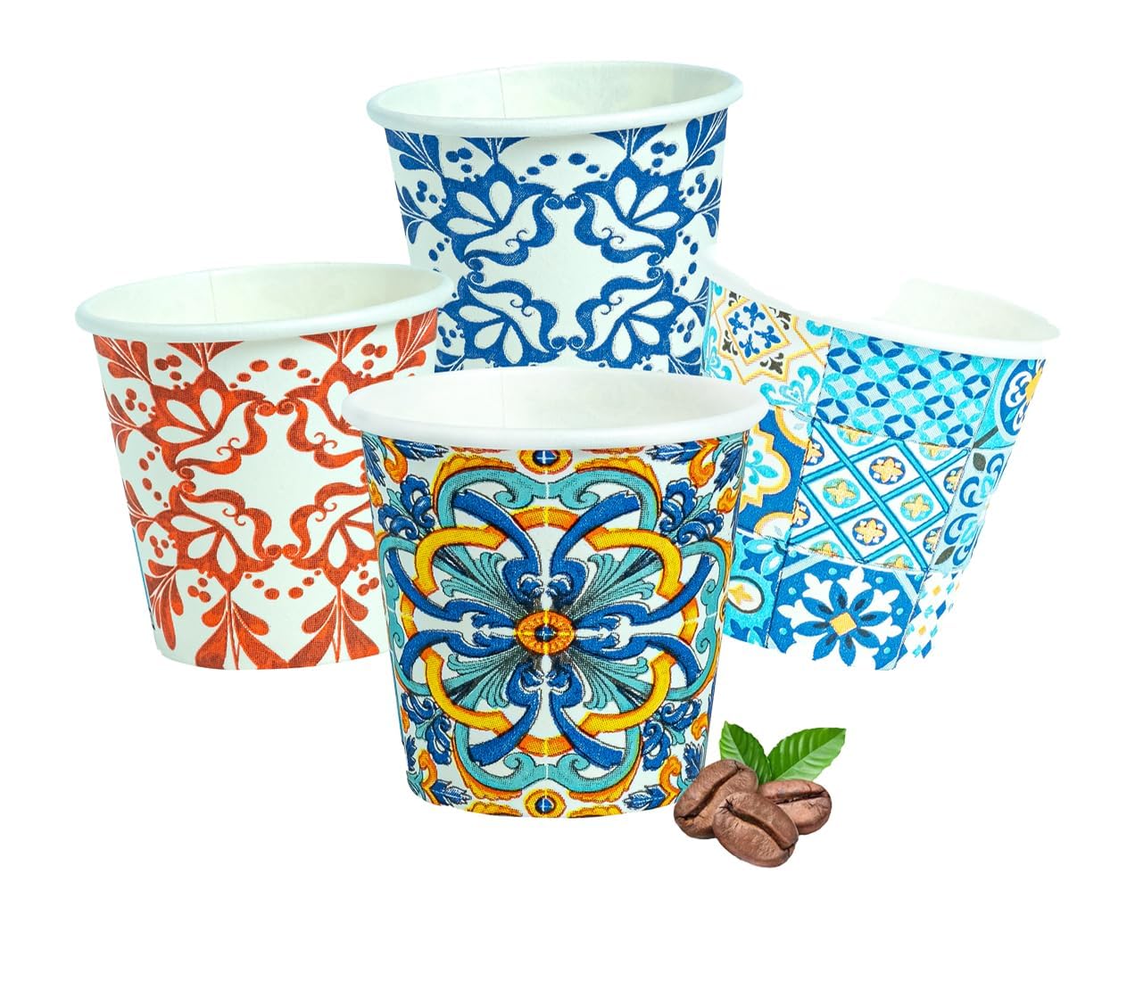 Bicchierini da Caffè 1000 Pezzi, Usa e Getta Biodegradabili 75 ml, Tazzine Caffè Espresso Monouso Compostabili Ecologiche in Carta, Resistenti, con Fantasie Maiolica, per Eventi, Feste, Catering, Bar