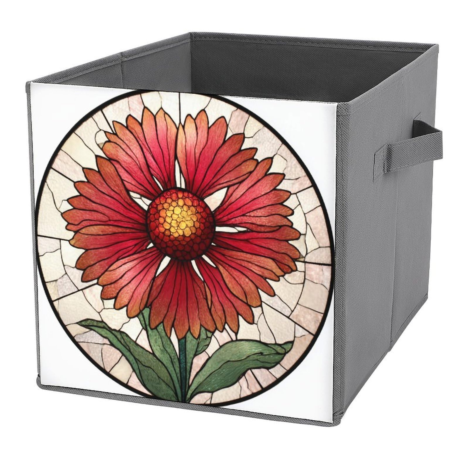 Jubonexis Stained Glass Indian Red And Pink Wildflower Cube Storage Bins Storage Cubes Foldable Decorative Fabric Storage Baskets Home Organizers with Handles for Shelves,Closet, 27x27 CM