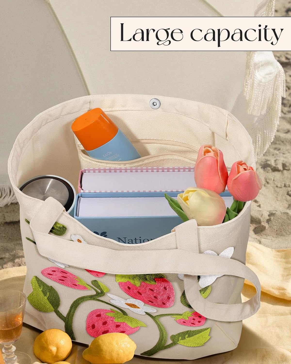 Embroidery Canvas Tote Bag for Women - Reusable Totes with Pocket & Buckle Aesthetic Cute Grocery Shoulder Bag - Image 5