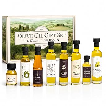 Kiri & Sons Olive Oil Gourmet Sampler Gift Set of 8 - Premium Extra-Virgin Olive Oil Made In Spain, Natural Flavors Include Mushroom, Chili, Garlic, Oregano, Blood Orange, Smoky Bacon, Jalapeno, Basil