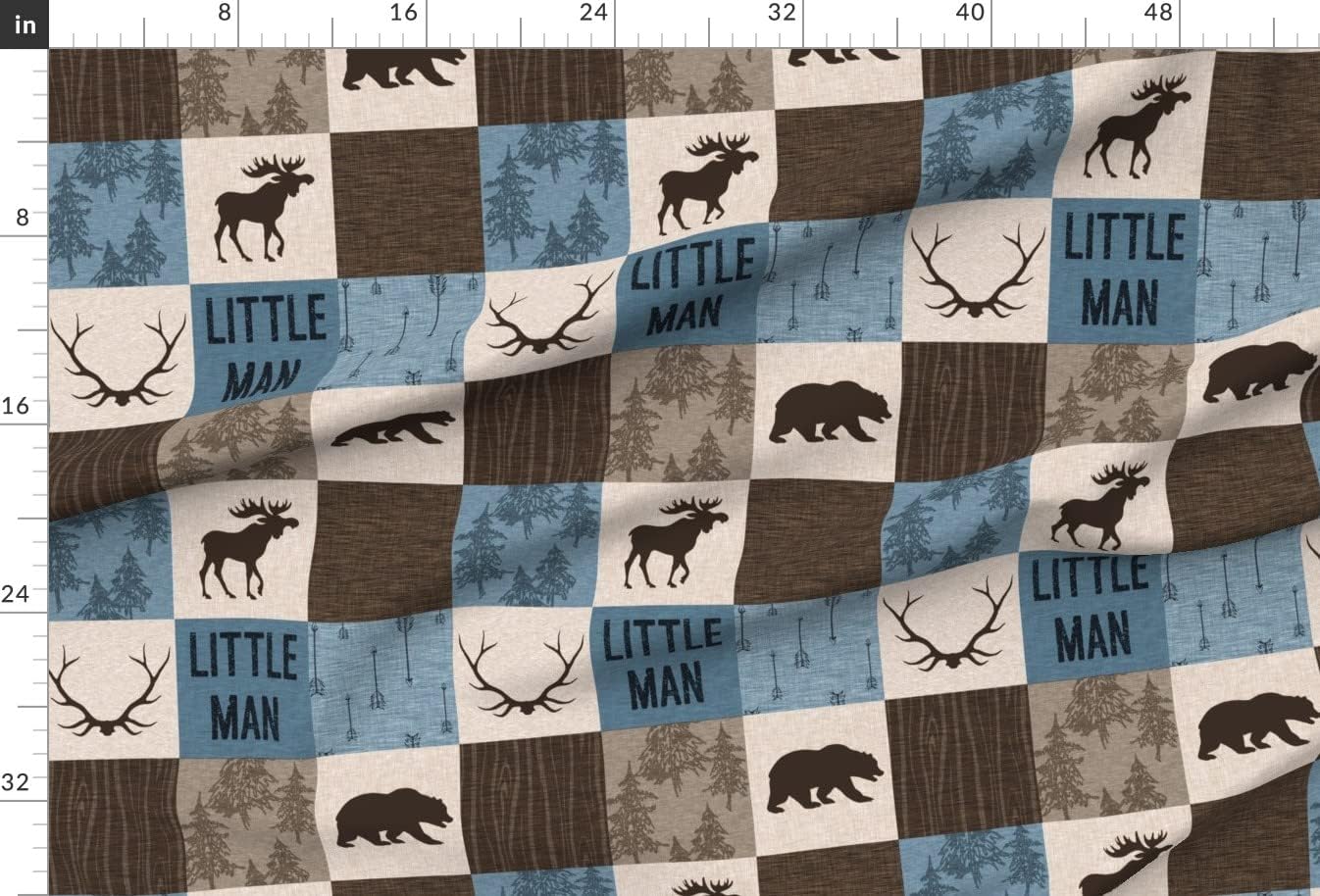 Spoonflower Fabric - Little Man Quilt Blue Brown Bear Moose Antlers Hunting Rustic Woodland Printed on Chiffon Fabric by The Yard - Sewing Fashion Apparel Dresses Home Decor
