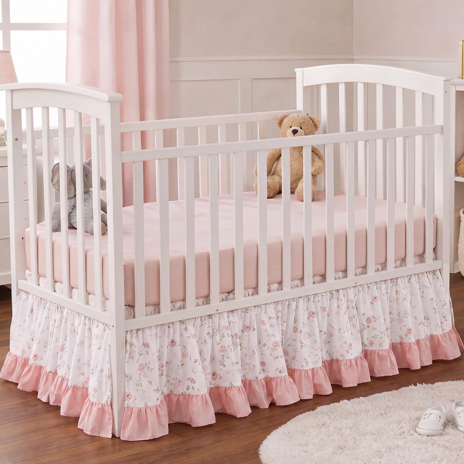 Hahafelt Pink Crib Skirt for Baby Girls Boys, 100% Washed Cotton Bed Skirt