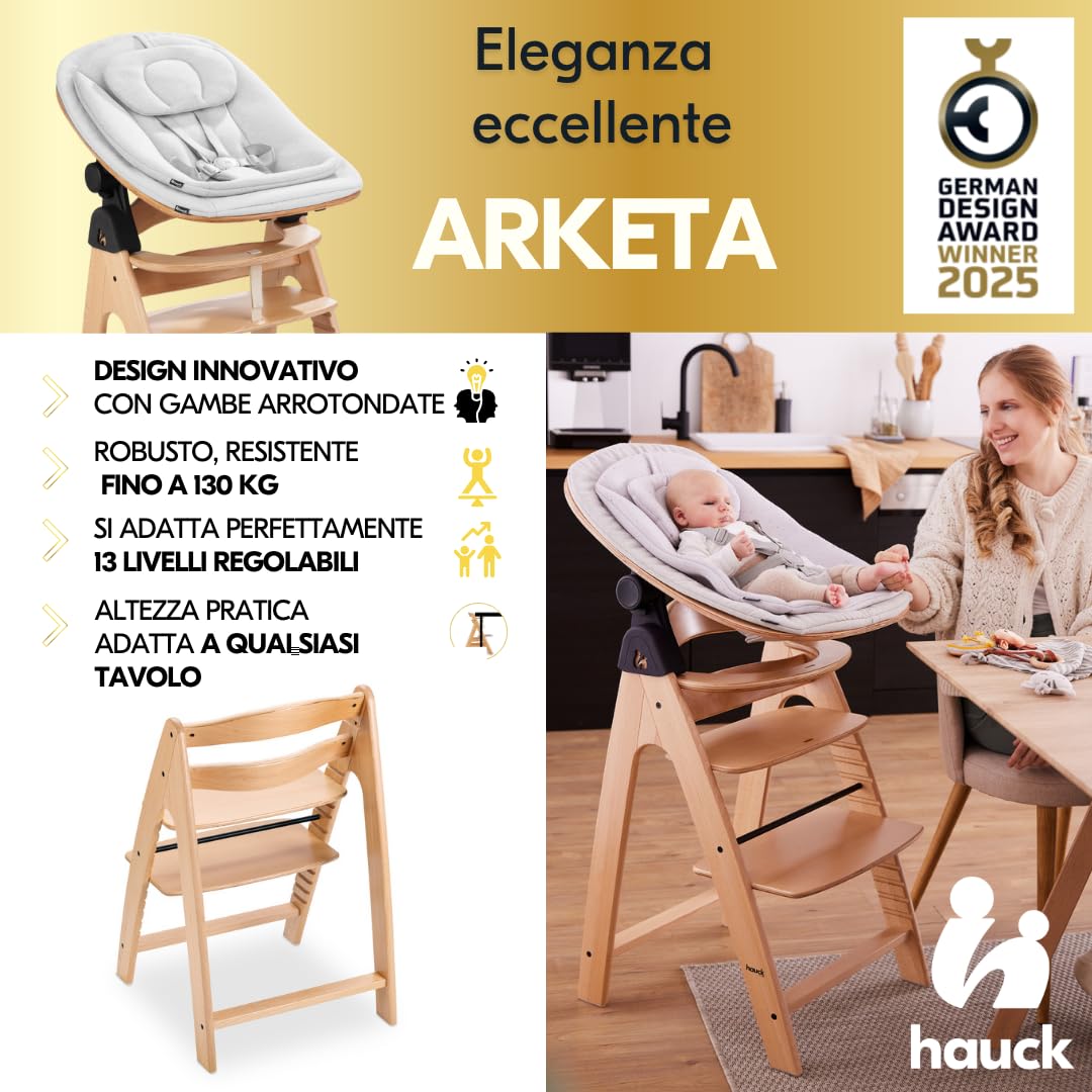 hauck Seggiolone Pappa Arketa Newborn Set Eco Bouncer – Seggiolone Evolutivo Legno Regolabile per Crescere insieme fin dalla Nascita, incluso Sdraietta Neonati e Cuscino (Faggio)