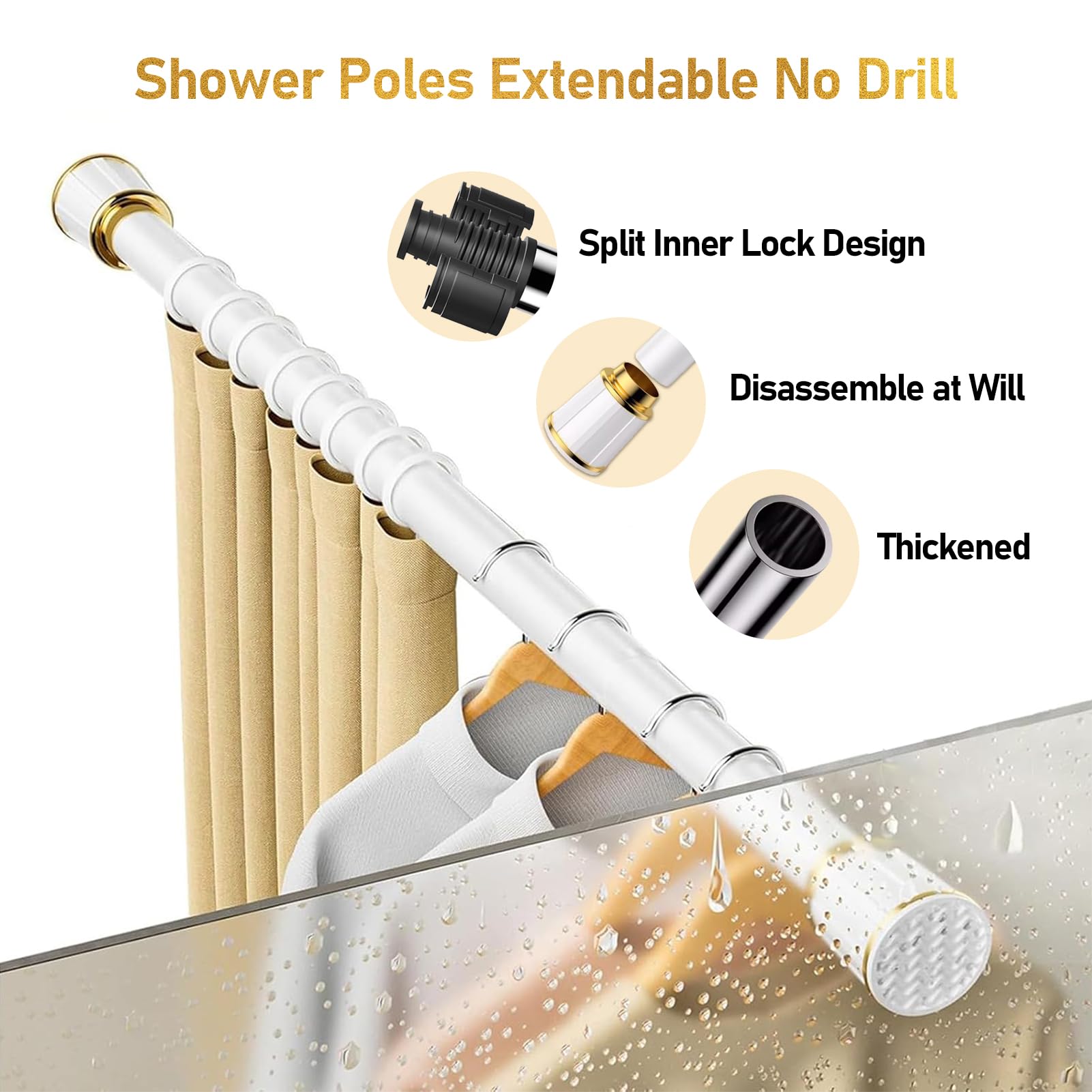 Ts Tringle pour ains & Douche 63 259,9 cm sans perçage Extensible pour salle de bain, cuisine et décoration d'intérieur Vert 3 m de diamètre réglable 160 à 250 cm