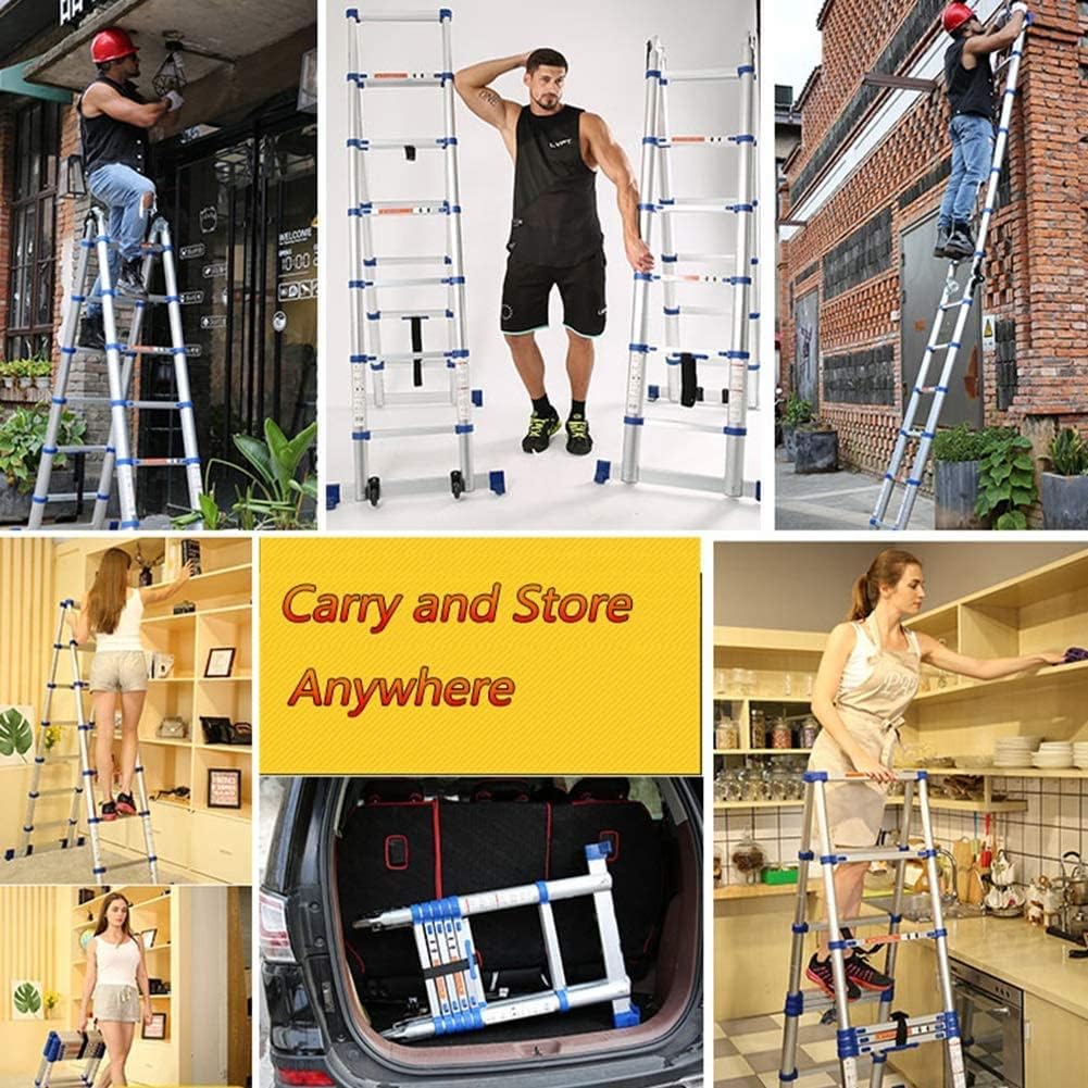 OKUOKA Collapsible A-Frame Telescoping Ladder with Wide Top Platform & Wheels, Household Daily & Attic? Telescopic Extension Ladders (Size : 2.05m+2.05m/6.7ft+6.7ft)