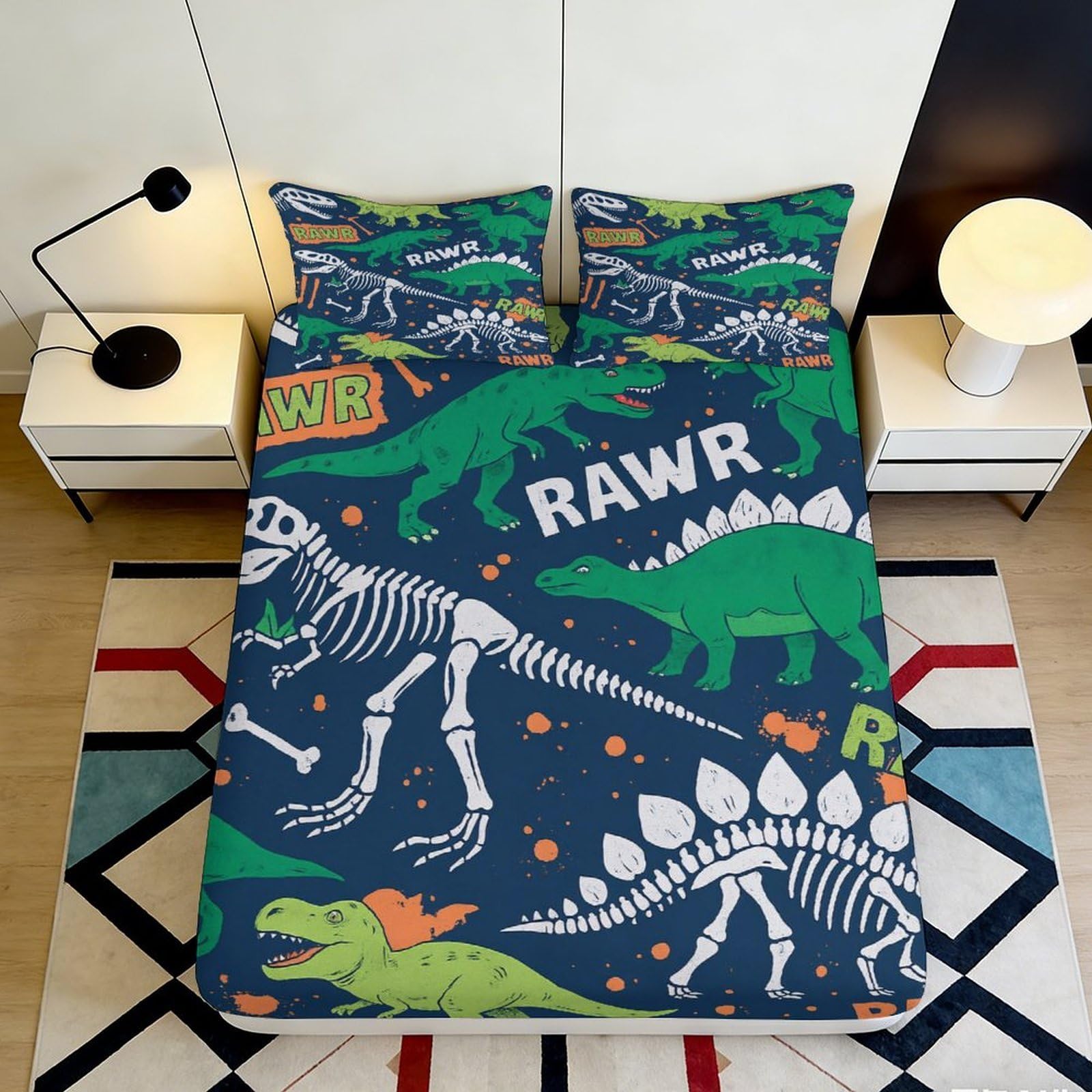 3D Printed Dinosaur Skeleton Fitted Sheet Microfiber Green Cartoon Bed Cover for Kids Teens Bedroom Dorm Decor 90x200x25cm