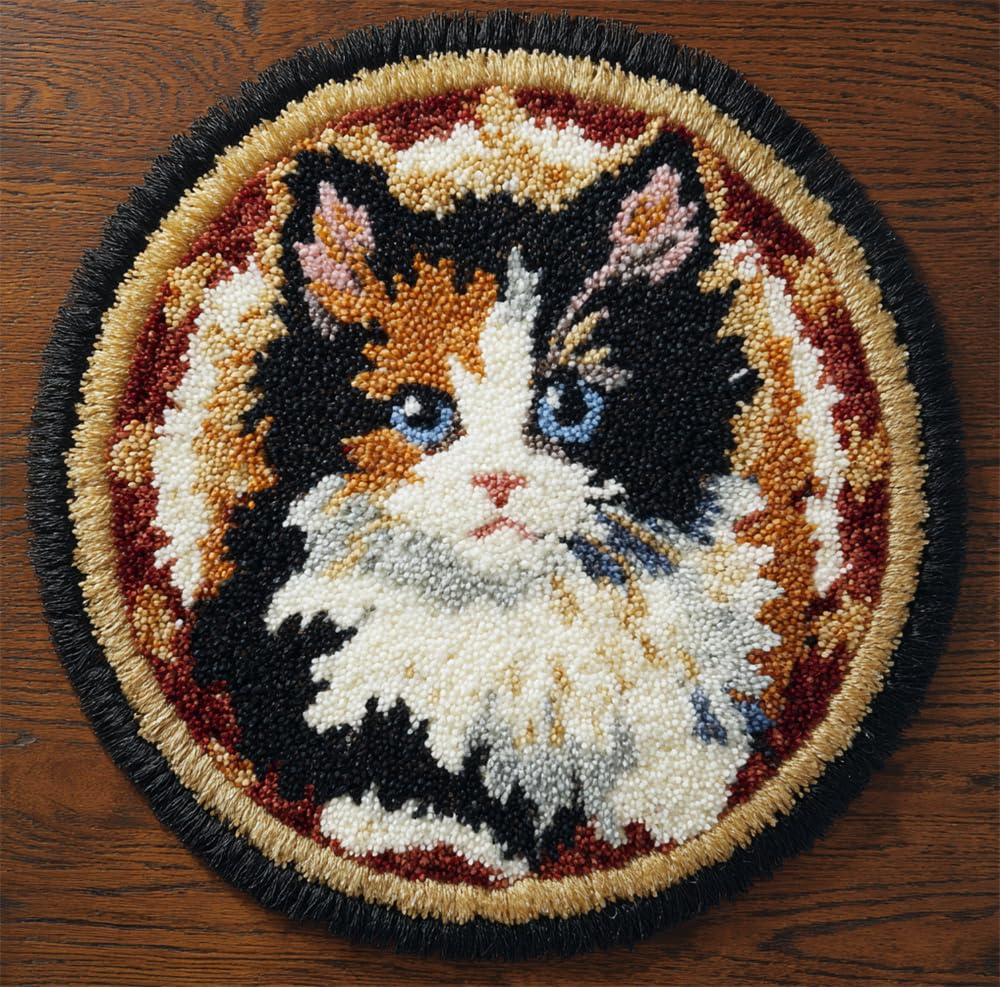 kitphoenix Rug DIY Crafts Yarn Carpet Round Shape Cat 20X20Inch (50X50Cm) Latch Hook Rug Crochet Kits for Beginners Adults