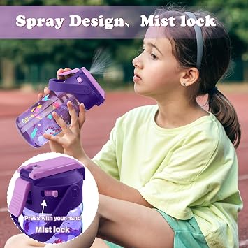 Kids Water Bottle Mist & Sip 2-In-1, 20Oz Plastic Kids Mist Water Bottle With Straw And Handle, Leakproof & Lightweight, Ideal For School And Outdoor, Unicorn