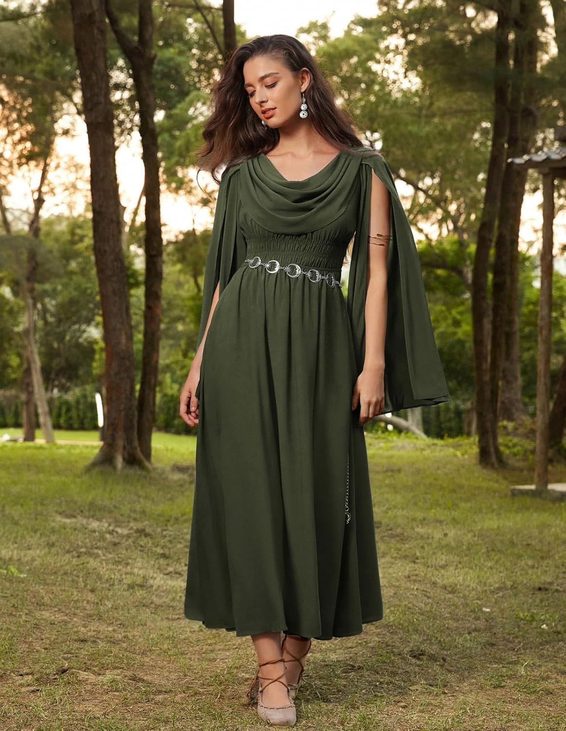 Scarlet Darkness Women Renaissance Dress Split Bell Sleeve Cowl Neck Peasant Medieval Dress - Image 2