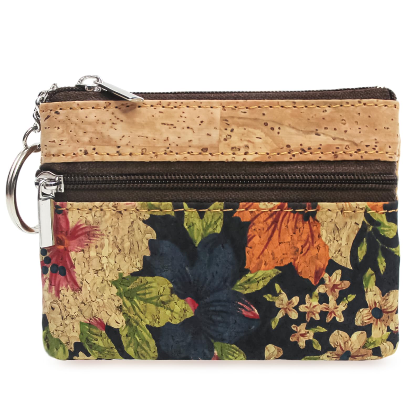 Eco-friendly Natural Cork Coin Purse, Boshiho Mini Coin Change Wallet Credit Card Holder Zipper Pouch Vegan Wallet with Key Ring Keychain