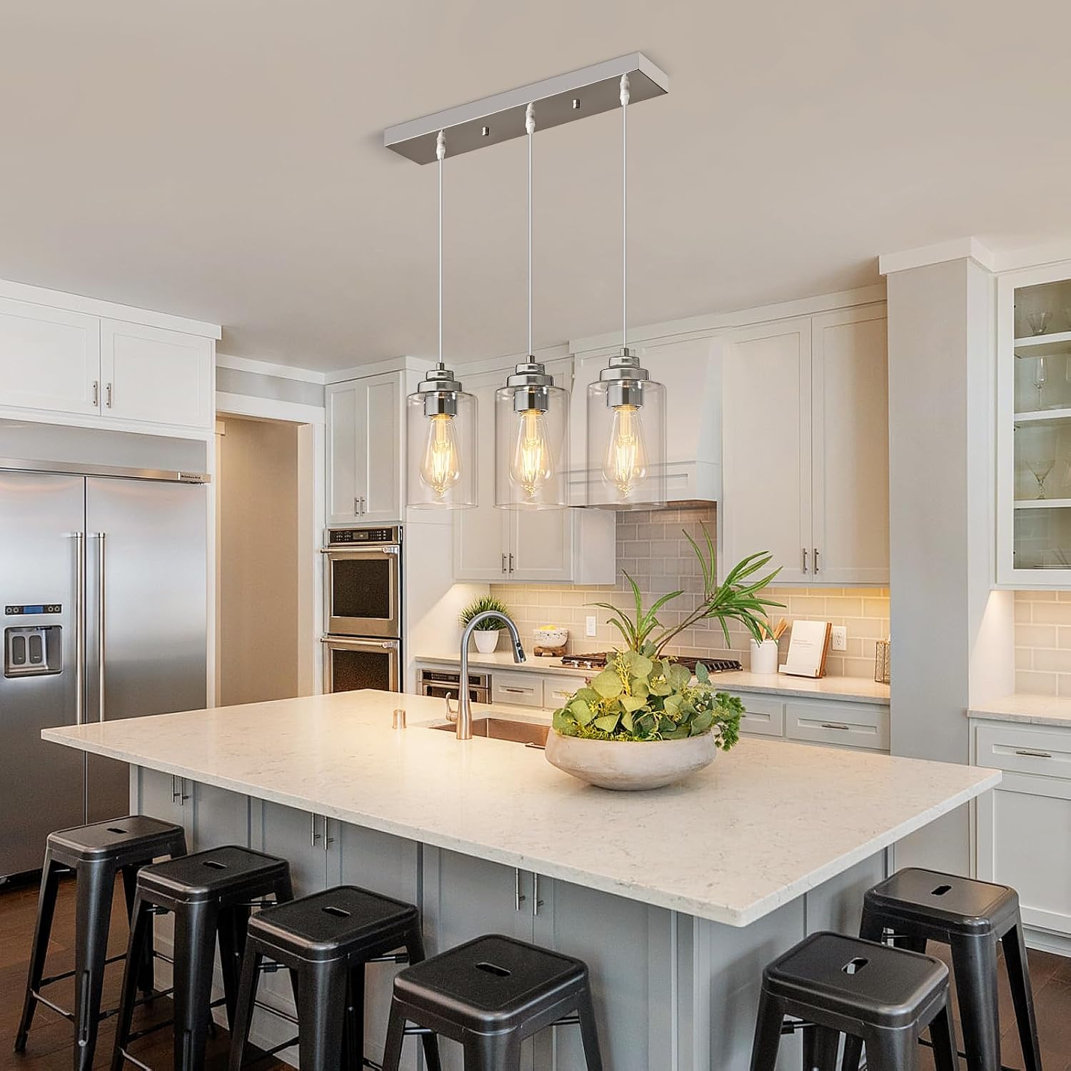 Modern Pendant Light Island Industrial Hanging Light Seeded Glass Ceiling Lamp Chrome Farmhouse Lighting for Kitchen Island Hallway Bedroom Bar Dining Room（3-Light）