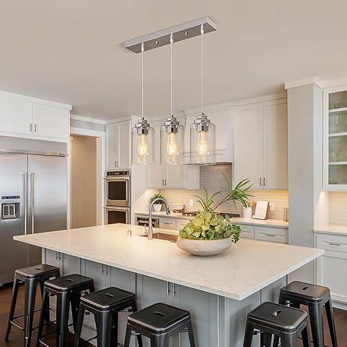 Miniatura 5 de Lámpara colgante moderna de isla industrial colgante de vidrio semillado, lámpara de techo cromada para cocina, isla, pasillo, dormitorio, bar,