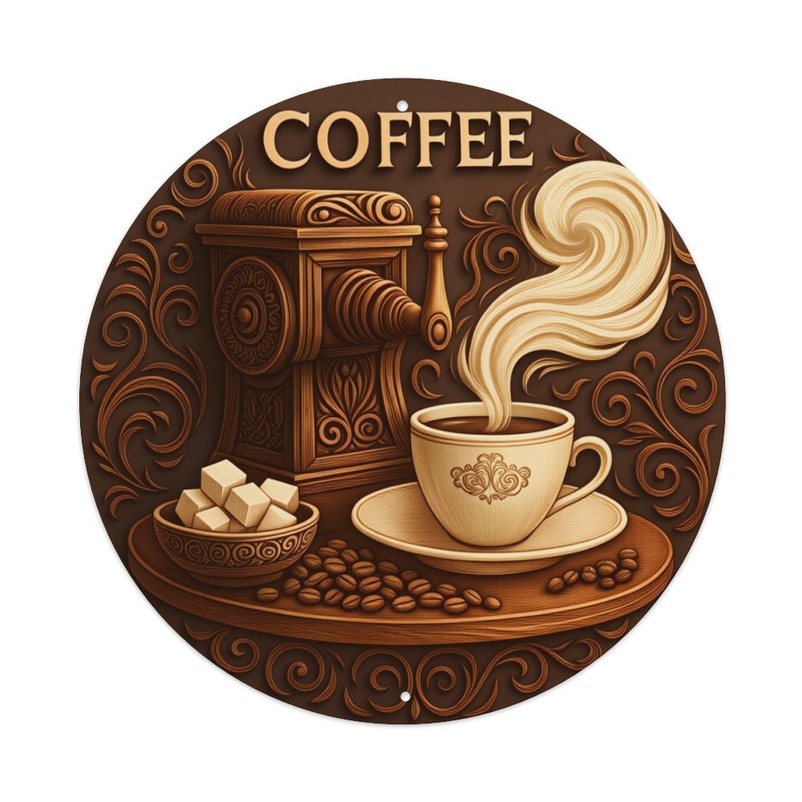 Coffee Grinder Cup Steam Beans Round Tin Sign Retro Metal Sign for Cafe Bar Pub Home Game Room Gym Club Wall Decoration Vintage Metal Poster 8x8 Inch