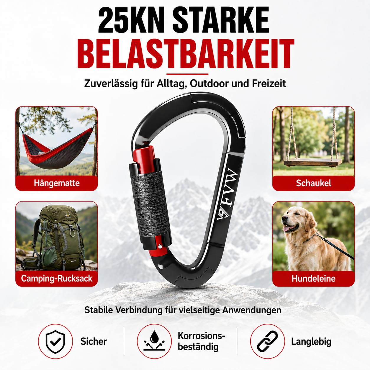 Robusti moschettoni da arrampicata, 25 kN, chiusura automatica, clip per amache, altalene, guinzaglio e imbracatura, campeggio, escursionismo e uso quotidiano