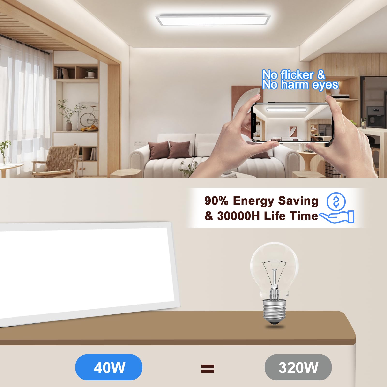Led Deckenleuchte Panel, 120x30 cm Deckenlampe Flach Dimmbar mit Fernbedienung, 40W Deckenpanel Lampe mit Memory Funktion, 3000K-6500K LED Lichtpanel für Wohnzimmer, Flur, Schlafzimmer, Weiß