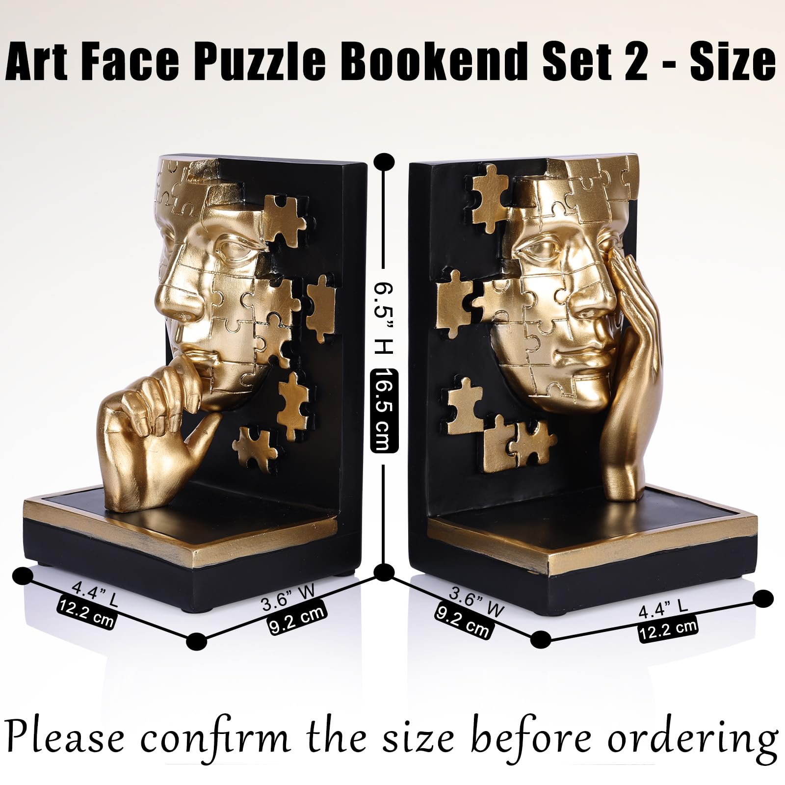 Moderne einzigartige Denker-Bücherregal-Buchstützen von Set 2 – cooles schwarz-goldenes ausgefallenes Gesicht Buchstützen für Regalzubehör, Bürotisch, Heimdekoration
