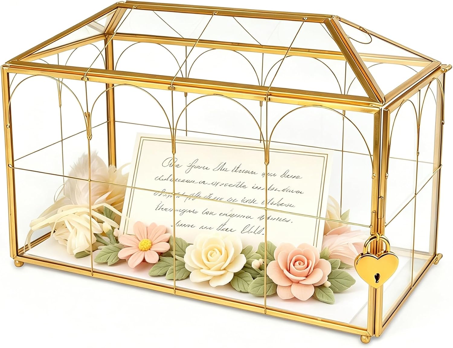Wedding Glass Card Box with Slot 12.6 x 5.9 x 9 Inch, Vintage Gold House Shaped Decorative Box, Clear Glass Keepsake Box for Wedding Cards, Letters, Anniversary and Home Decor