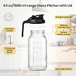 2 Pitcher en verre d'emballage avec couvercle, 64oz Pitcher en verre étanche avec limace, jug d'eau de la bouche large pour le café de la brasserie froide, jus, lait, thé glacé, jugg de lait maternel avec bouchon en flip