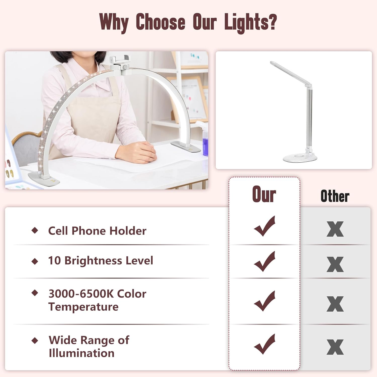 Half Moon Light for Nail Desk with Phone Holder, 29IN Folding Half-Moon Light with Shinning Diamond, LED Lamp for Nail Art, Eyelash Extension, Tattooing, Skin Management, Color Temperature 3000-6500K