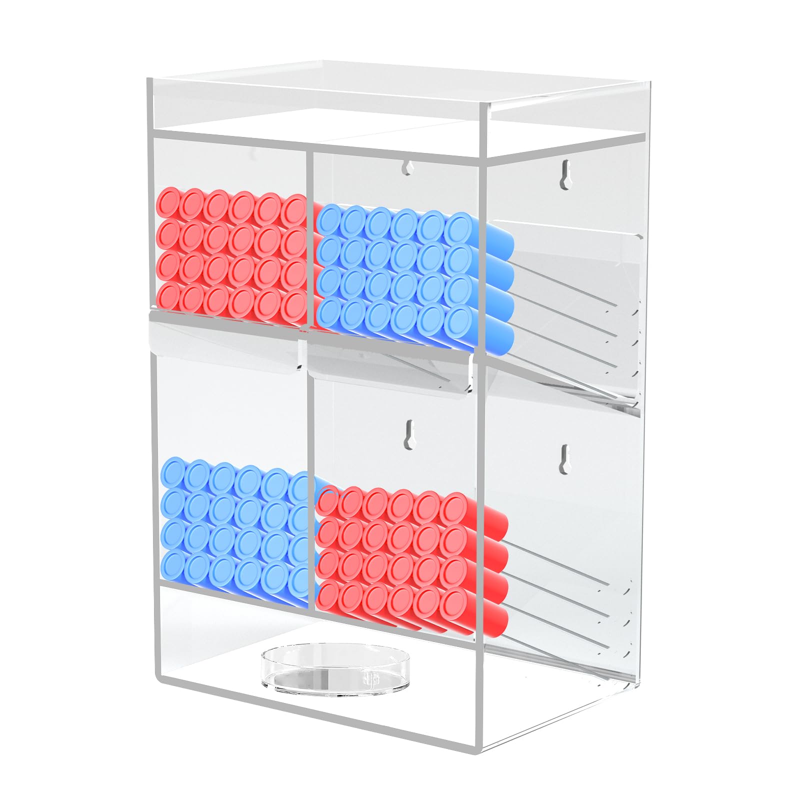 Estante acrílico para tubos de ensayo, soporte organizador transparente con 4 compartimentos, almacenamiento inferior adicional y 2 bandejas extraíbles, montaje en pared o encimera para laboratorio