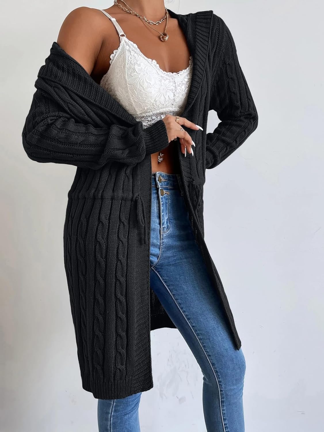 Women's Trench Coat Casual Knit Drawstring Hooded Cardigan Long Sleeve Classic Overcoat