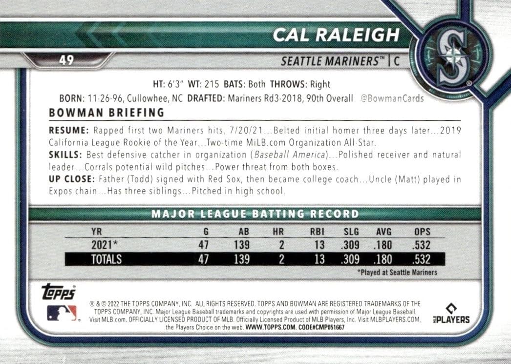 2022 Bowman Baseball Series Complete Mint 250 Card Set with Stars, Prospects and Rookie Cards including Cal Raleigh, Aaron Judge, Shohei Ohtani and More