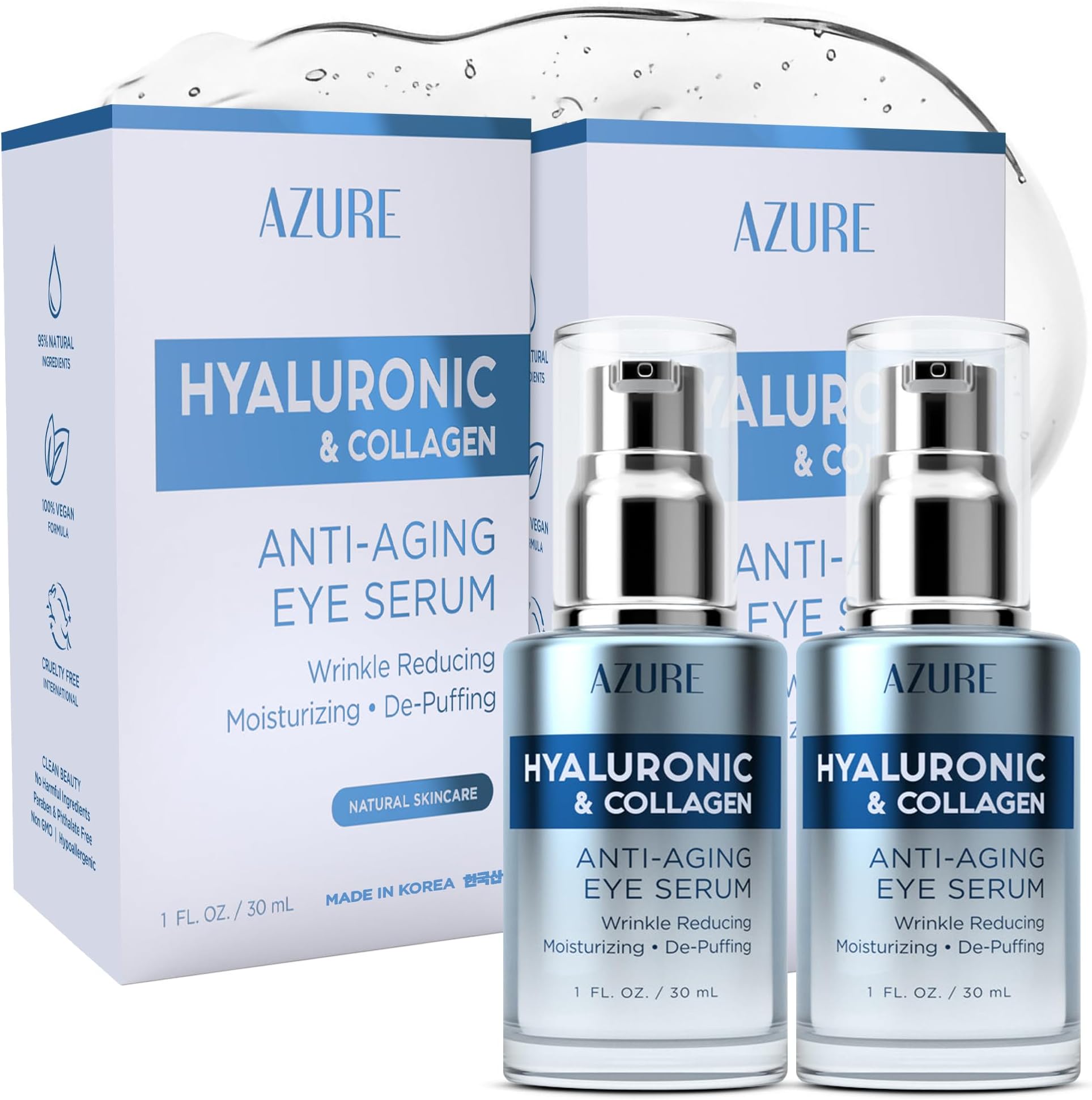 AZURE Hyaluronic & Collagen Anti Aging Eye Serum - Moisturizing, Replenishing & De-Puffing | Reduces Wrinkles, Fine Lines & Under Eye Bags | Locks In Moisture Hydrating Skin | - Pack of 2