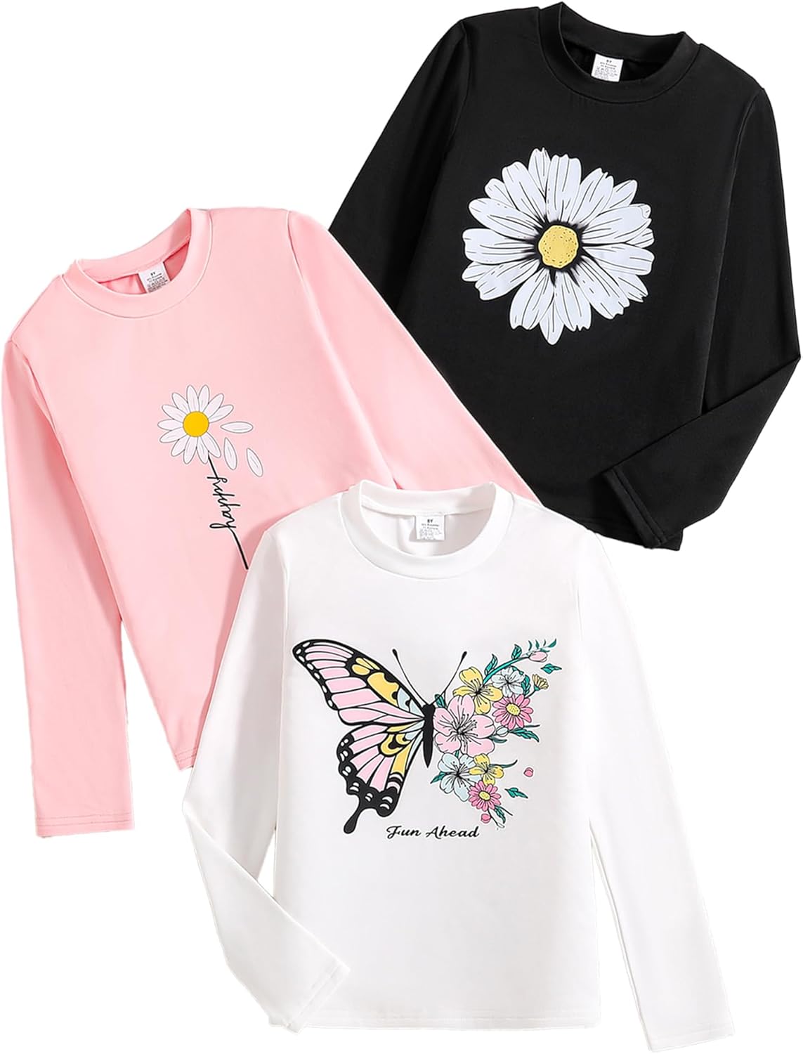 3-Pack Girls Long Sleeve T-Shirt for Fall,Soft Cotton Toddler Top,Cute Graphic Tee for Kids (2-12Y)
