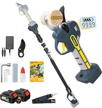 PR-E50 2.0 inches 50 mm Electric Pruning Shears, Set with High Branch Pole, Compatible with 18 V Makita, 2 x 4,000 mAh Batteries, No Storage Case | 2      LED  PSE