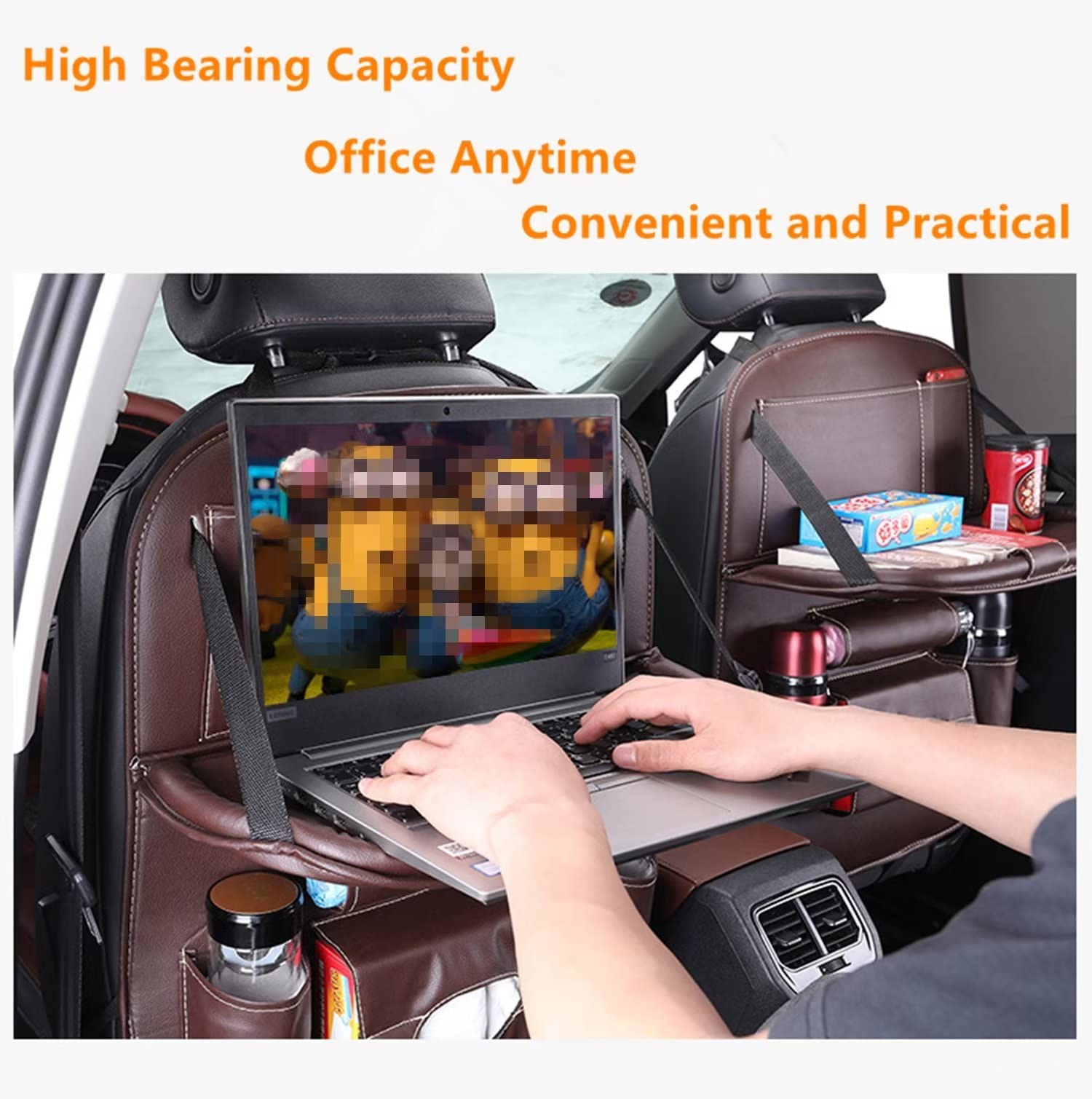 Car Seat Back Organizer with Foldable Table Tray PU Leather Storage Organizer with Pockets Kick Mats Seat Protectors Interior Accessories For Men Women Travel 1PCS Black