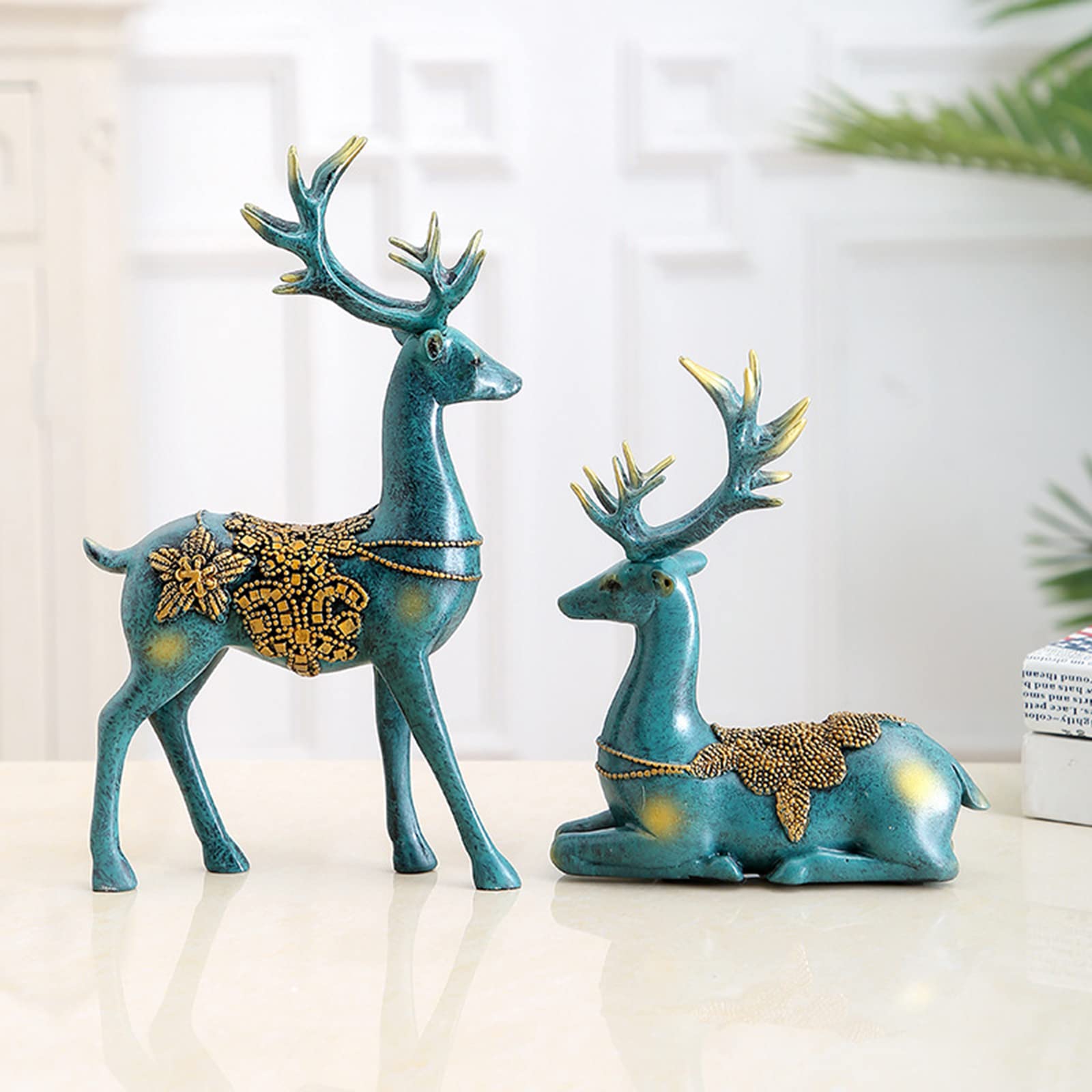 Juego De 2 Figuritas De Ciervos De Navidad para Decoración De Renos De Vacaciones, Decoración De Renos De Pie Y Sentado, Estatuas De Decoración Navideña para El Hogar