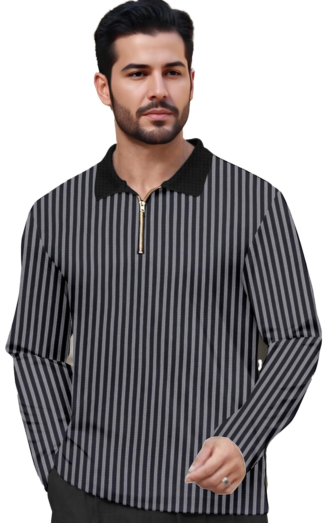 kajaru Men's Striped Long Sleeve Polo Shirt, Black Collar, Front Zipper, Black Vertical Stripes-picture-18
