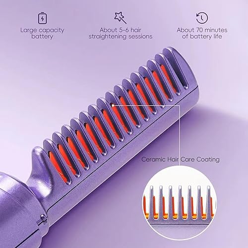 Miniatura 3 de Peine de peluquería de cerámica, mini alisador de cerámica, rizador portátil recargable, reduce el encrespamiento, peine alisador antiquemaduras