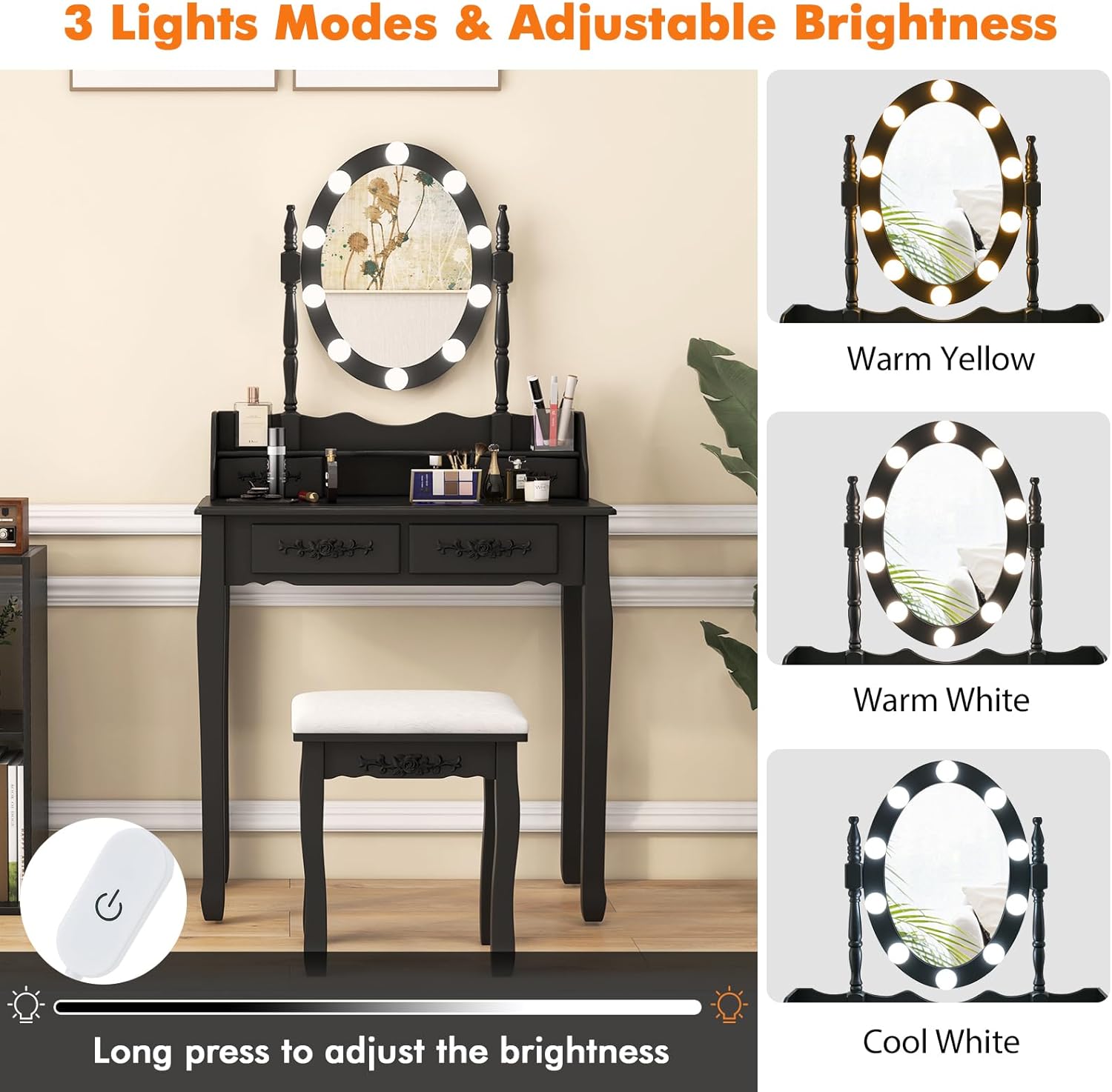 LED Mirror with 3 Light Modes and Brightness Control