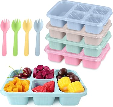 Bento Snack Boxes, 4 Pack Reusable Meal Prep Lunch Containers for Kids Adults, 5 Compartments Bento Snack Box Divided Food Storage Containers for School Work Travel Pink/Beige/Green/Blue