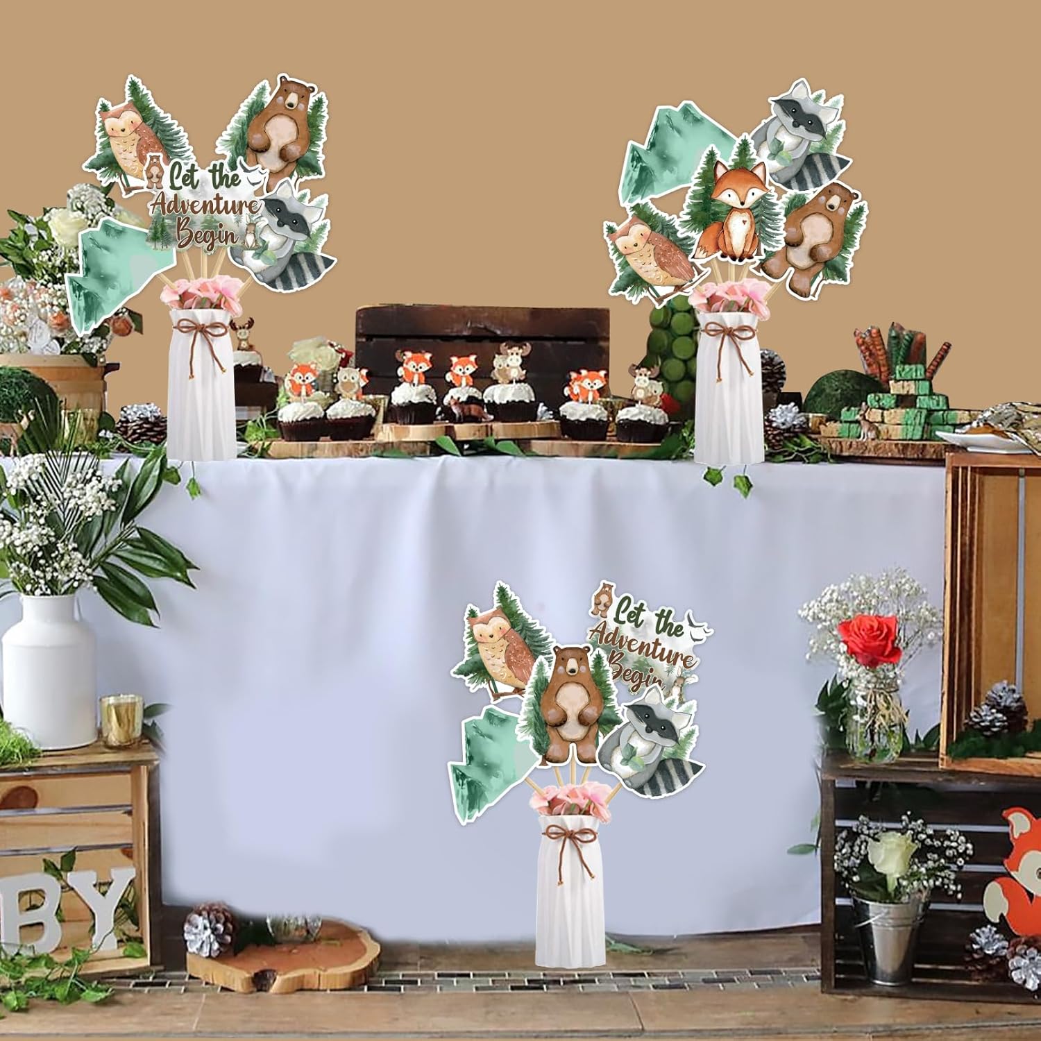 Jollyboom Woodland Baby Shower Decorations Boy Girl, 24pcs Let The Adventure Begin Centerpiece Table Decoration, Double-Sided Forest Animals Centerpieces Stick for Adventure Awaits Party Decorations