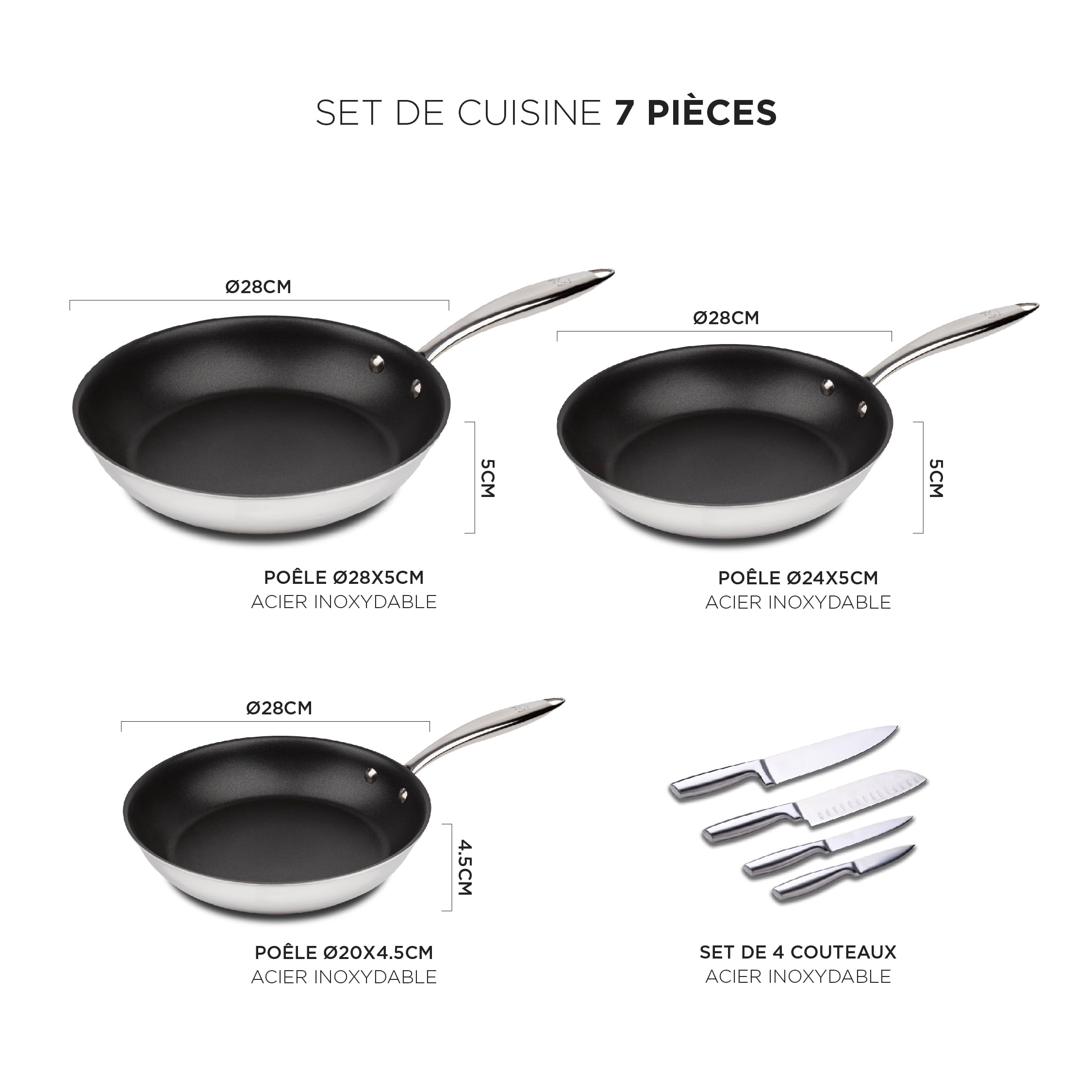 MasterPro Argent 3 - Set di pentole e coltelli - Tre pentole in acciaio inox per impieghi gravosi da 28, 24 e 20 cm - Set di 4 coltelli in acciaio inox, finitura opaca e impugnatura sicura