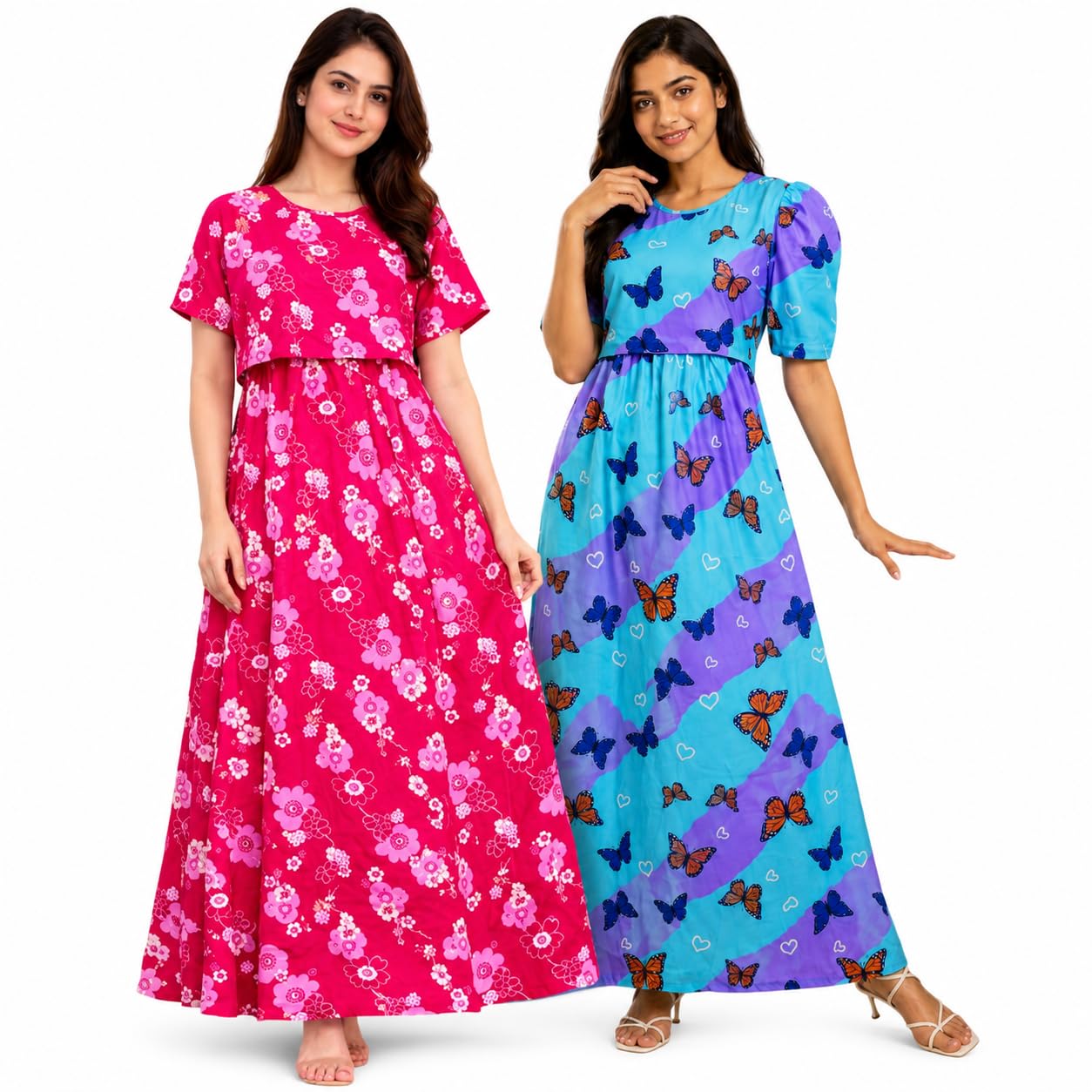 RENIS.Store Women's 100% Cotton Zipless Feeding Maternity Nighty Pack of 2 | Pull Up Nursing Night Dress | Soft Pregnancy & Feeding Wear | Pink Flower & Sky Blue Butterfly | Size-XL-image-38